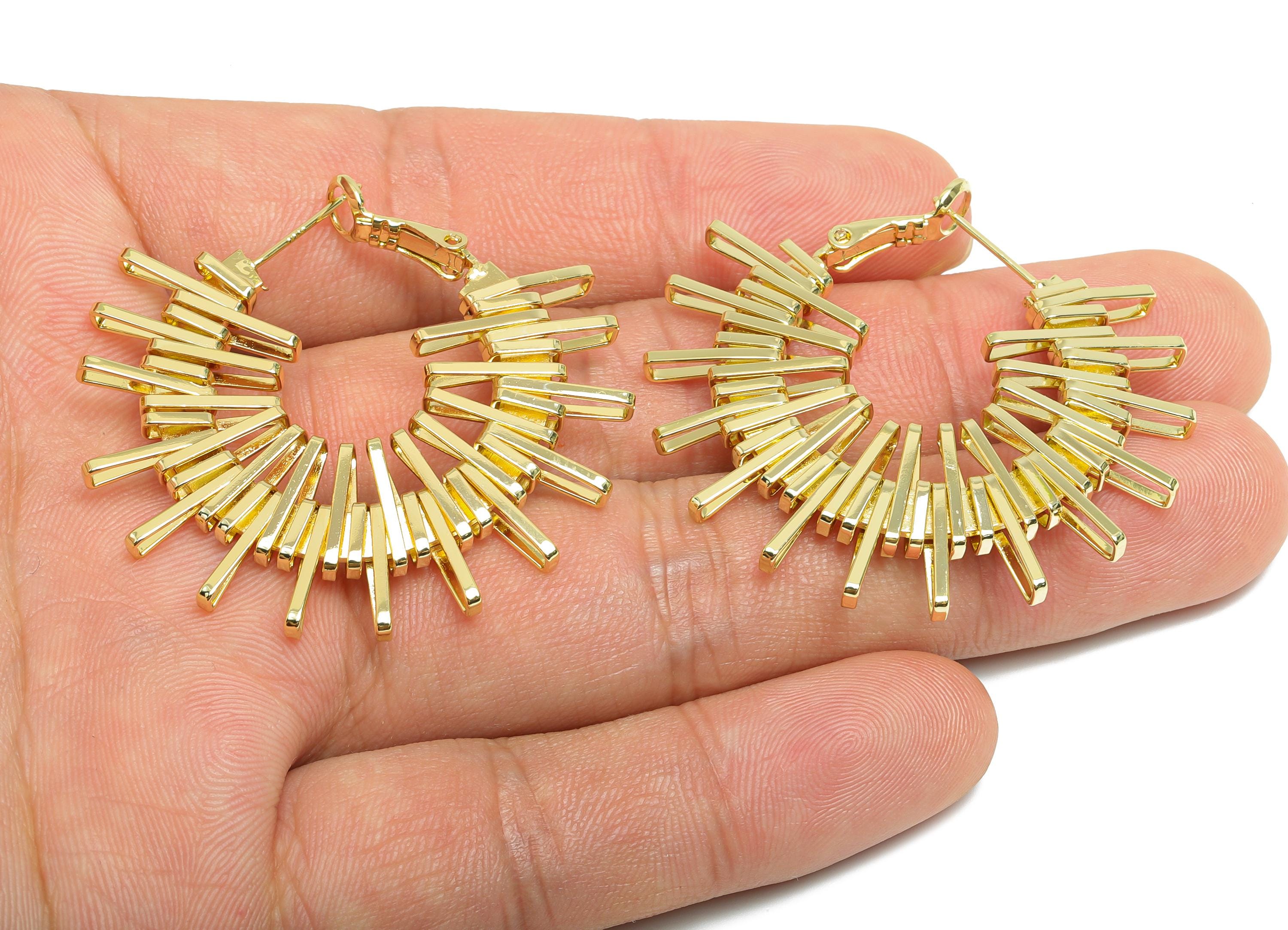 Brass Dazzling Sunray Earring - Gold Unique Fan Earring - Geometric Clasp Back Earring - 14K Real Gold-Plated Brass - 42x38x3mm - RGP9503-14 - DOMEDBAZAAR