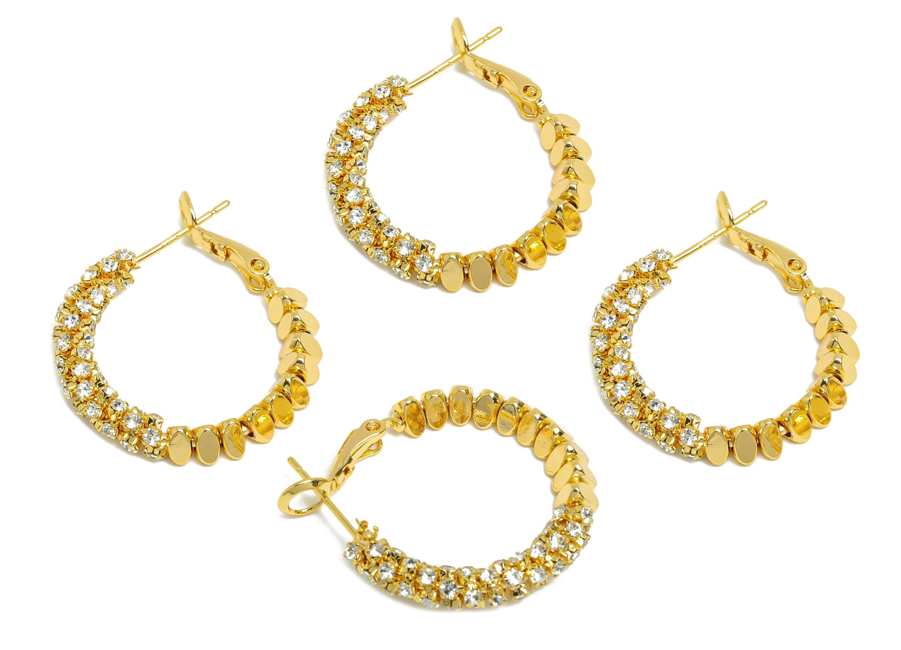 Brass Beaded Hoop Earring - Gold Stacked Triangle Zircon Earring - Geometric Clasp Back Earring - 18K Real Gold-Plated - 28x26x4mm - RGP9512 - DOMEDBAZAAR