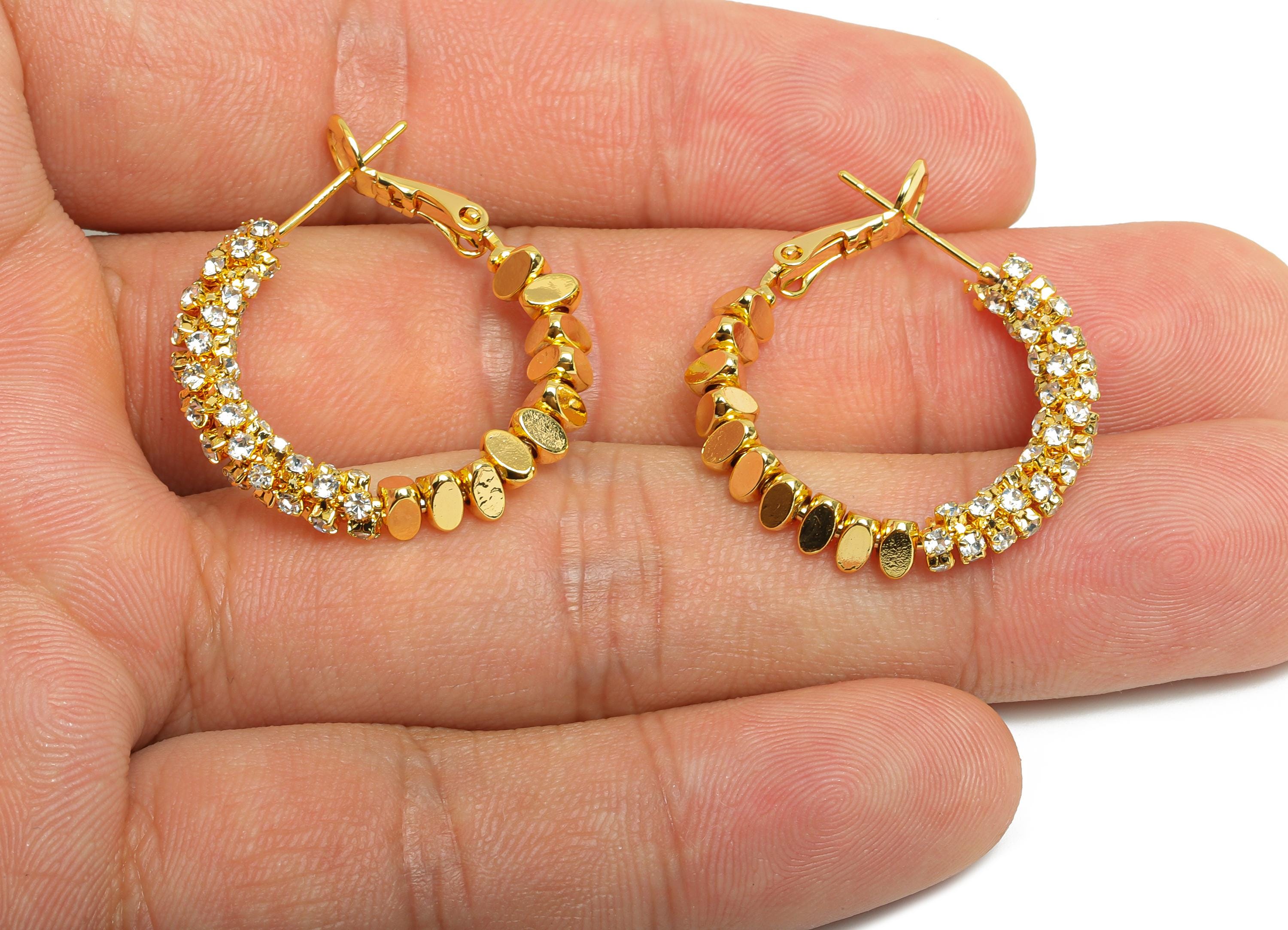 Brass Beaded Hoop Earring - Gold Stacked Triangle Zircon Earring - Geometric Clasp Back Earring - 18K Real Gold-Plated - 28x26x4mm - RGP9512 - DOMEDBAZAAR