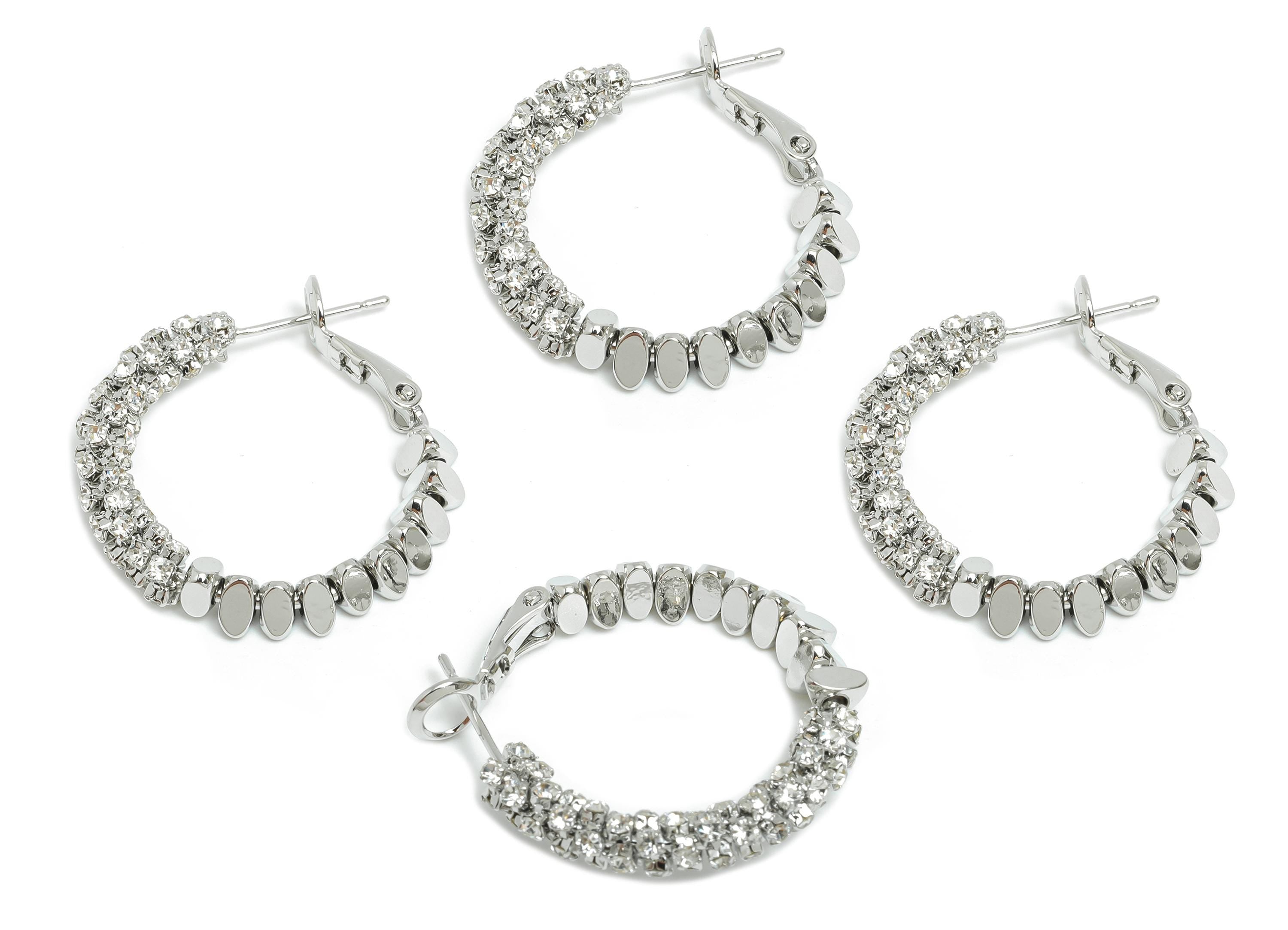 Brass Beaded Hoop Earring - White Stacked Triangle Zircon Earring - Geometric Clasp Back Earring -18K White Gold-Plated -28x26x4mm -RGP9512S - DOMEDBAZAAR