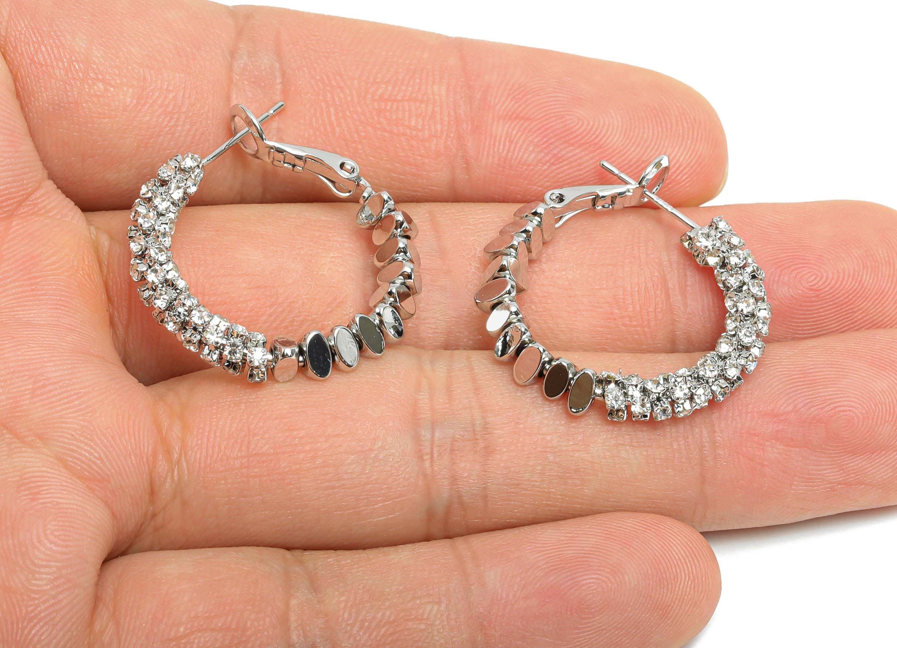 Brass Beaded Hoop Earring - White Stacked Triangle Zircon Earring - Geometric Clasp Back Earring -18K White Gold-Plated -28x26x4mm -RGP9512S - DOMEDBAZAAR
