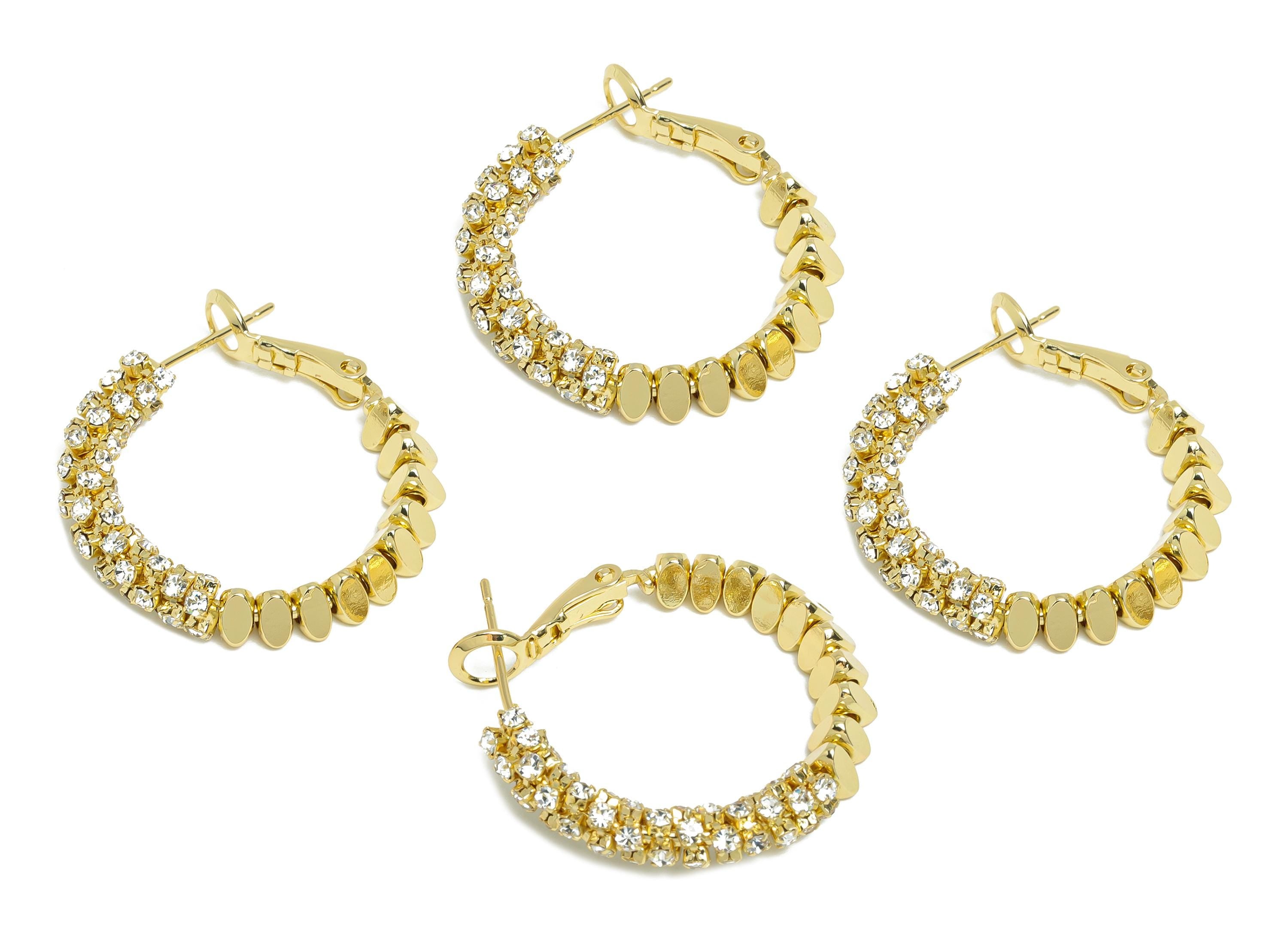 Brass Beaded Hoop Earring - Gold Stacked Triangle Zircon Earring - Geometric Clasp Back Earring -14K Real Gold-Plated -28x26x4mm -RGP9512-14 - DOMEDBAZAAR