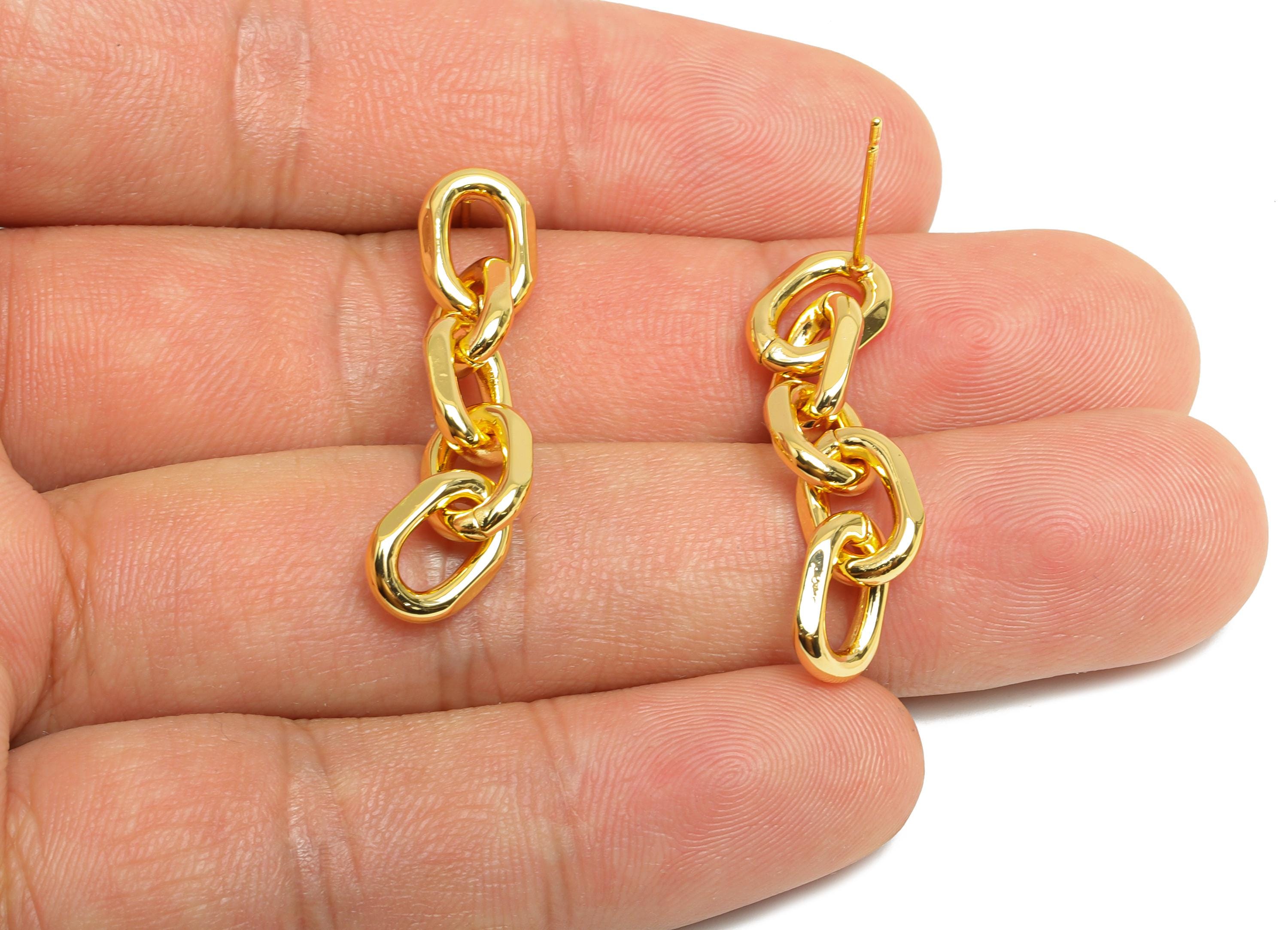 Brass Dangle Chain Earrings Stud - Gold Chic Linked Earring Post - Hanging Oval Earrings Post - 18K Real Gold Plated - 34x7.41x2mm - RGP9529 - DOMEDBAZAAR