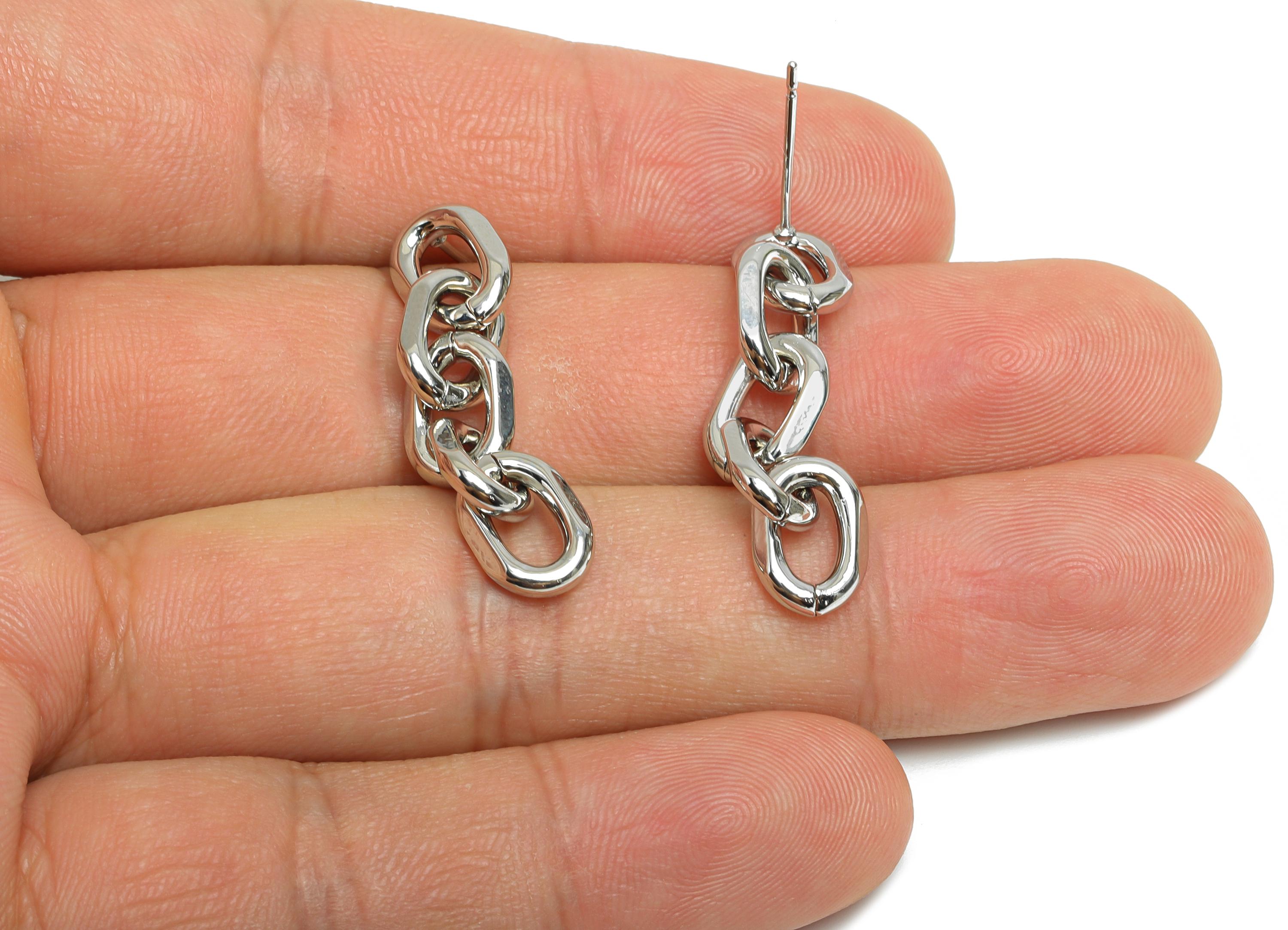 Brass Dangle Chain Earring Stud - White Chic Linked Earring Post - Hanging Oval Earring Post-18K Real White Gold Plated-34x7.41x2mm-RGP9529S - DOMEDBAZAAR