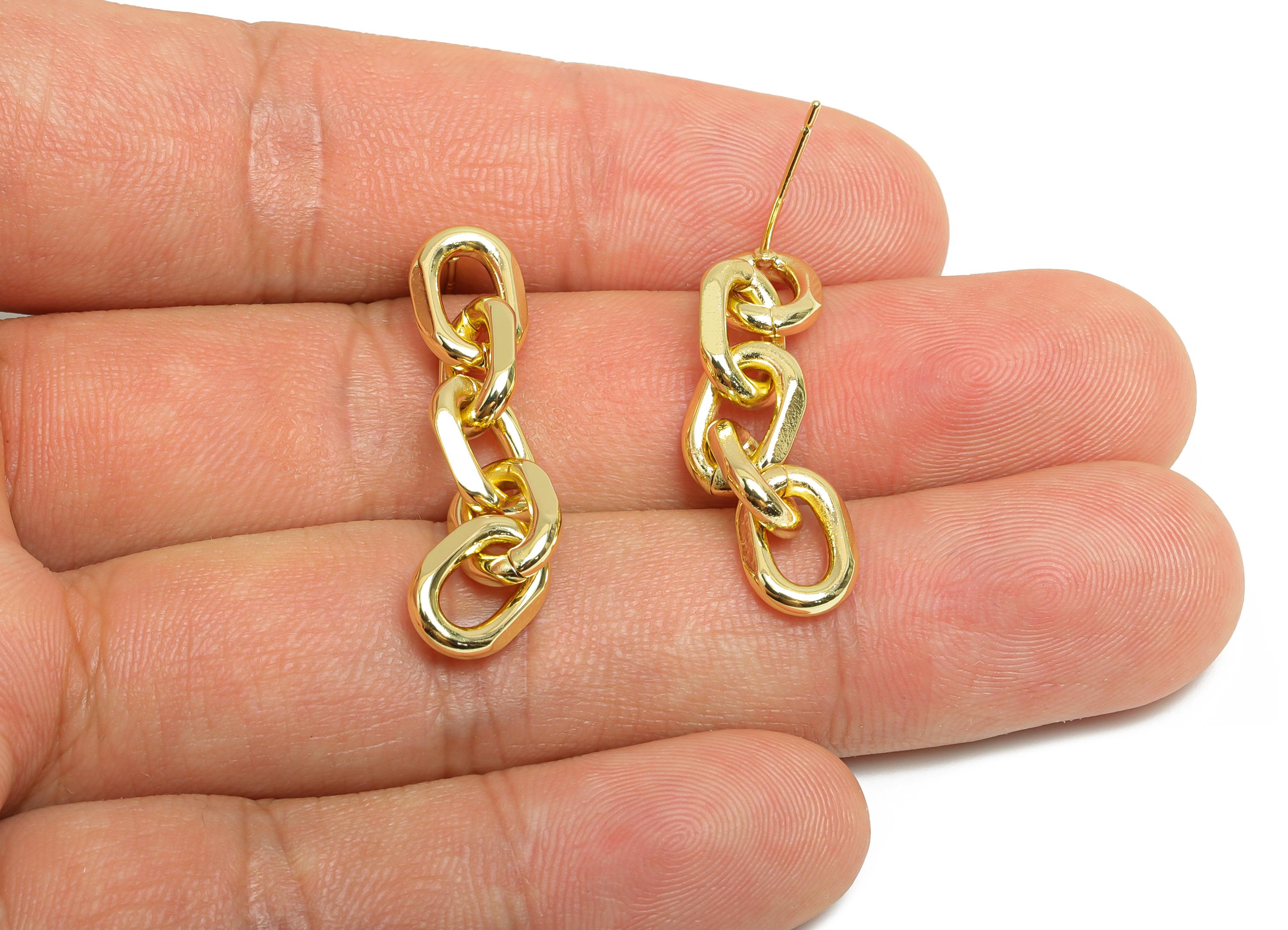 Brass Dangle Chain Earring Stud - Gold Chic Linked Earring Post - Hanging Oval Earring Post - 14K Real Gold Plated - 34x7.41x2mm -RGP9529-14 - DOMEDBAZAAR