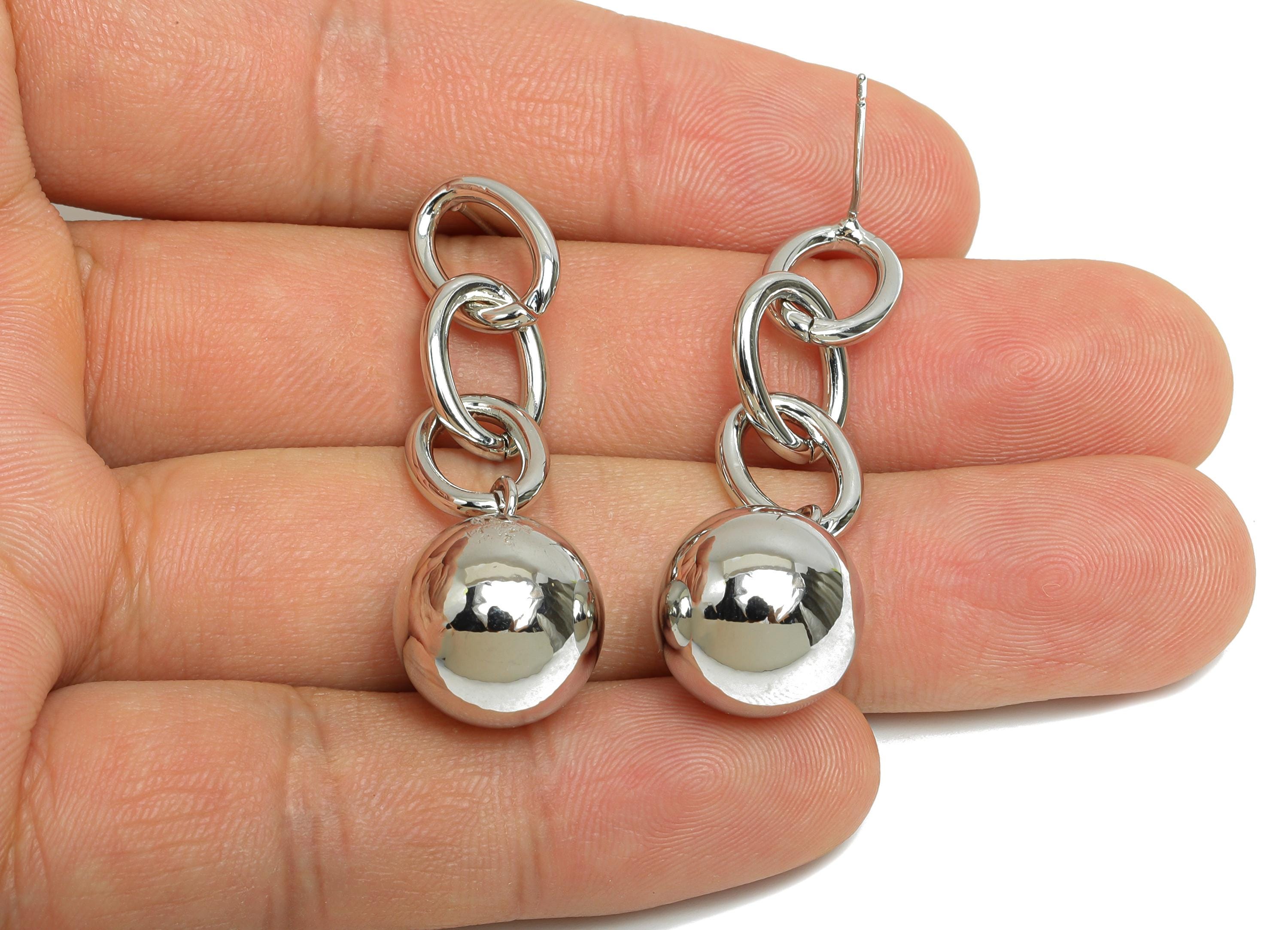 Brass Dangle Chain Earring - White Chain Earring Post for Woman's - Bead Ball Chain Earring -18K White Gold Plated -46x13.8x13.8mm -RGP9449S - DOMEDBAZAAR