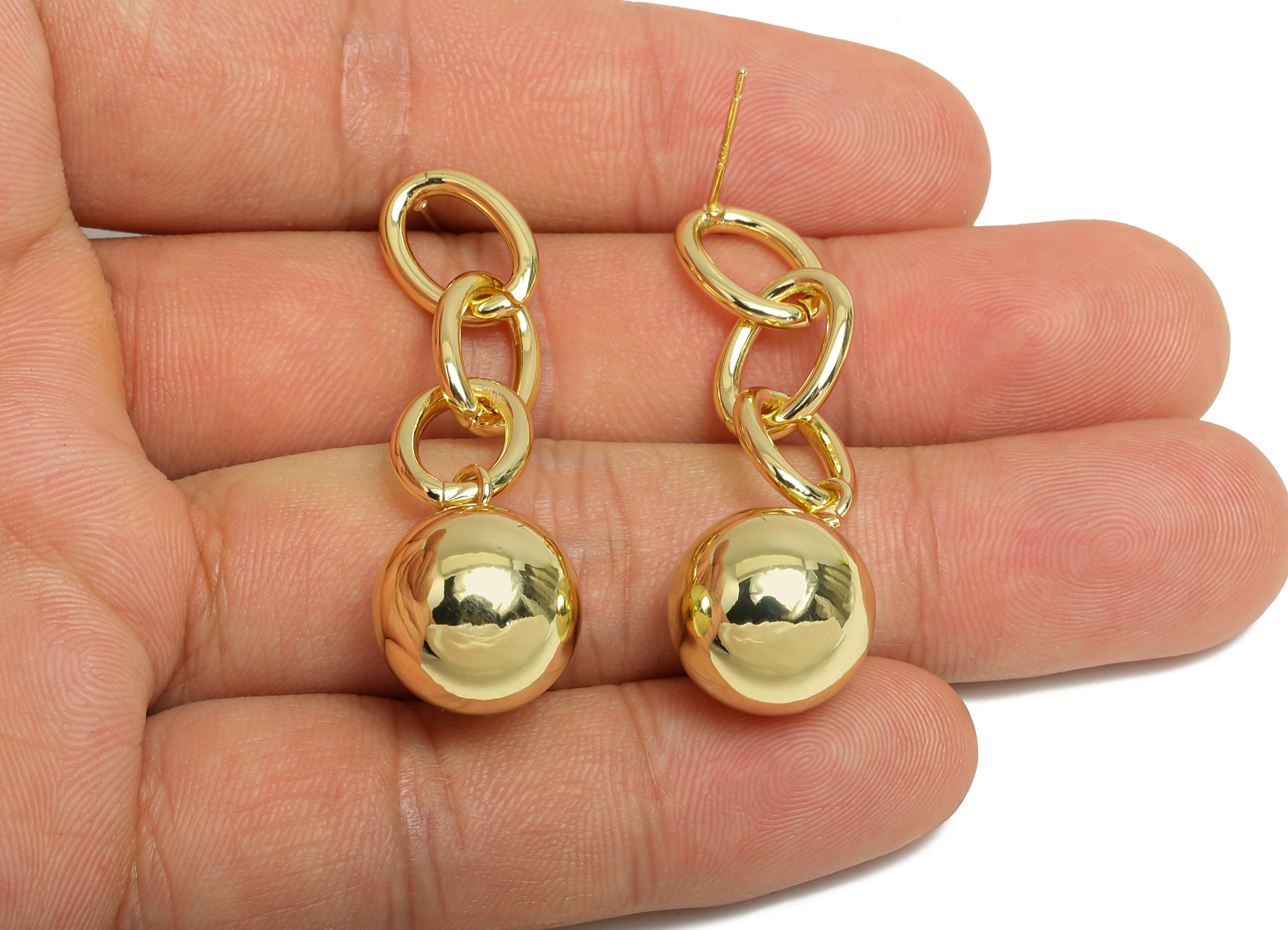 Brass Dangle Chain Earring - Gold Chain Earring Post for Woman's - Bead Ball Chain Earring -14K Real Gold Plated -46x13.8x13.8mm -RGP9449-14 - DOMEDBAZAAR