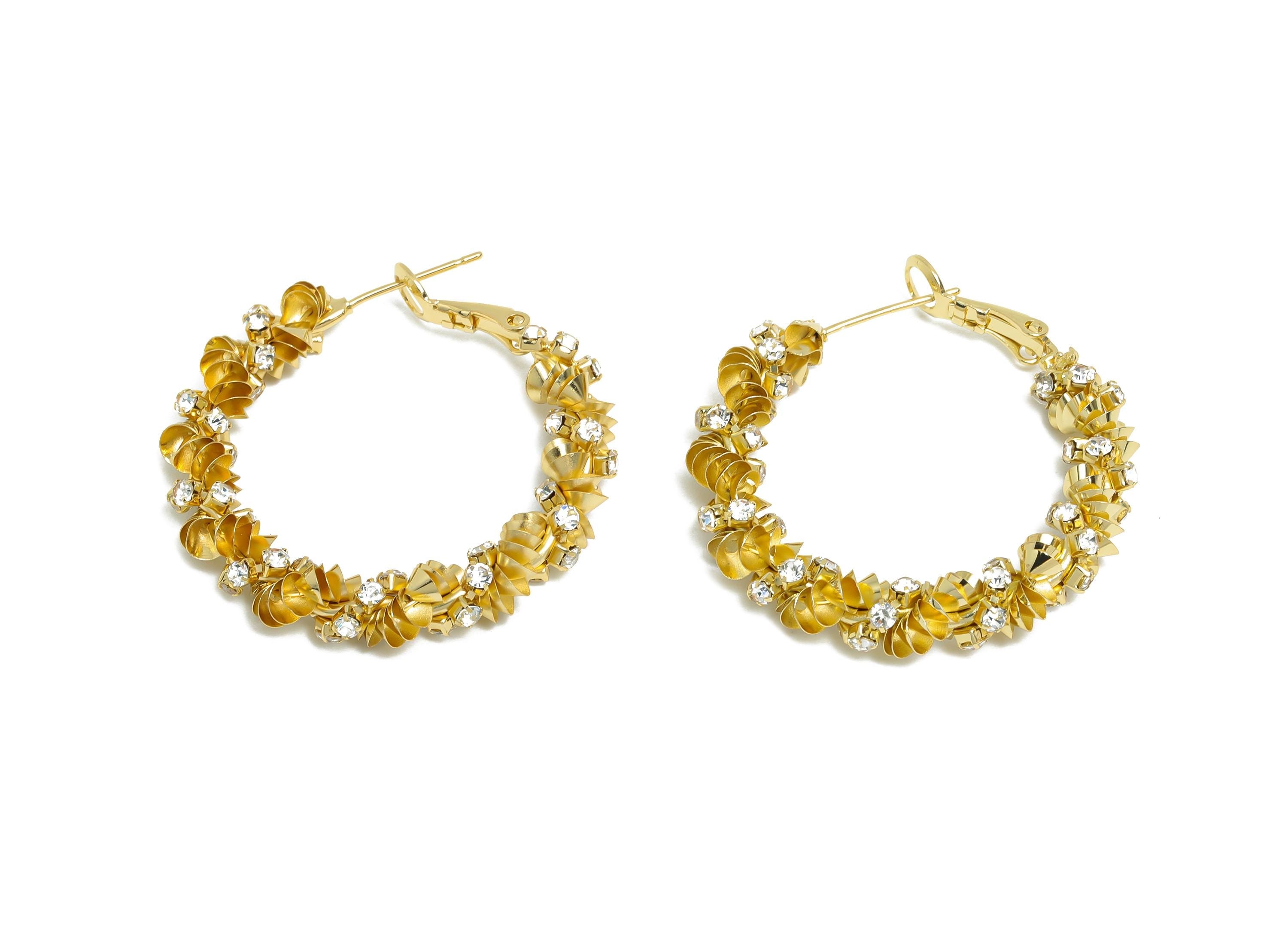 Brass Twisted Hoop Earring - Gold Round Luxurious Zircon Earring - Geometric Clasp Back Earring -14K Real Gold-Plated -34x33x5mm -RGP9524-14 - DOMEDBAZAAR