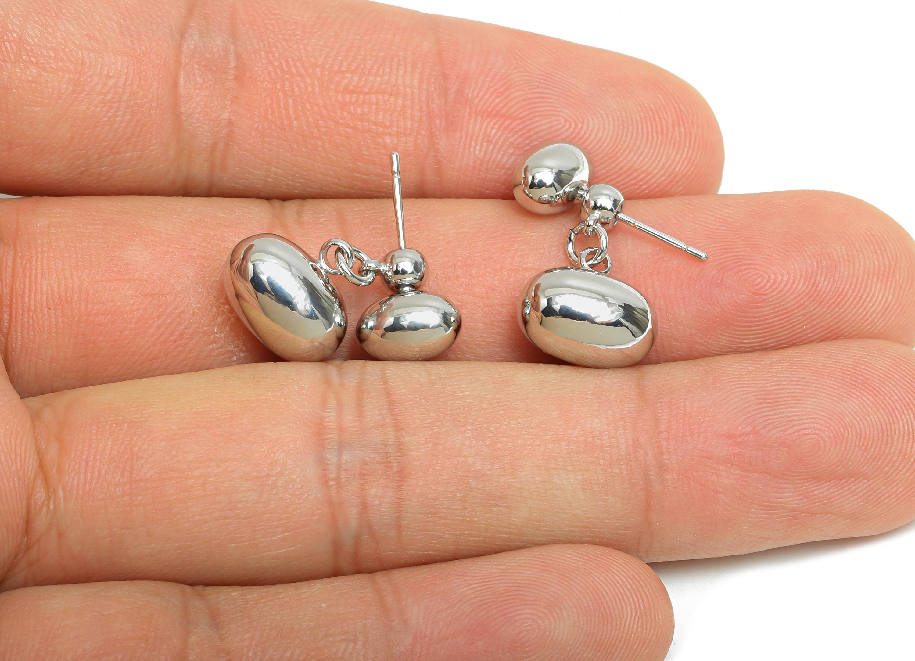 Brass Bead Earring Stud - Silver Oval Bead Earring Post for Girl's - Dangle Bead Ear Jacket - 18K White Gold Plated -22x11.5x7.8mm-RGP9517S - DOMEDBAZAAR