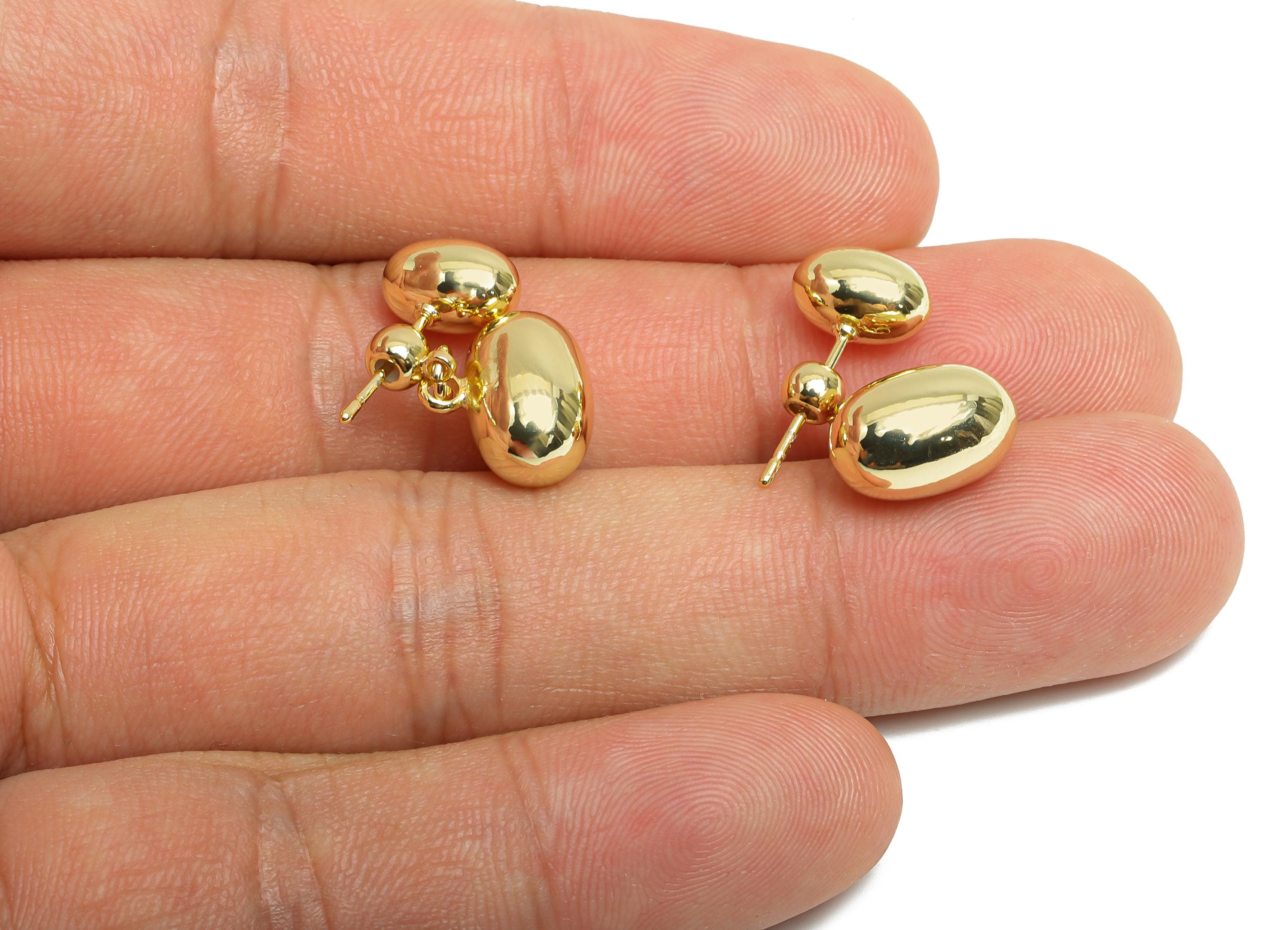 Brass Bead Earring Stud - Gold Oval Bead Earring Post for Girl's - Dangle Bead Ear Jacket - 14K Real Gold Plated - 22x11.5x7.8mm -RGP9517-14 - DOMEDBAZAAR