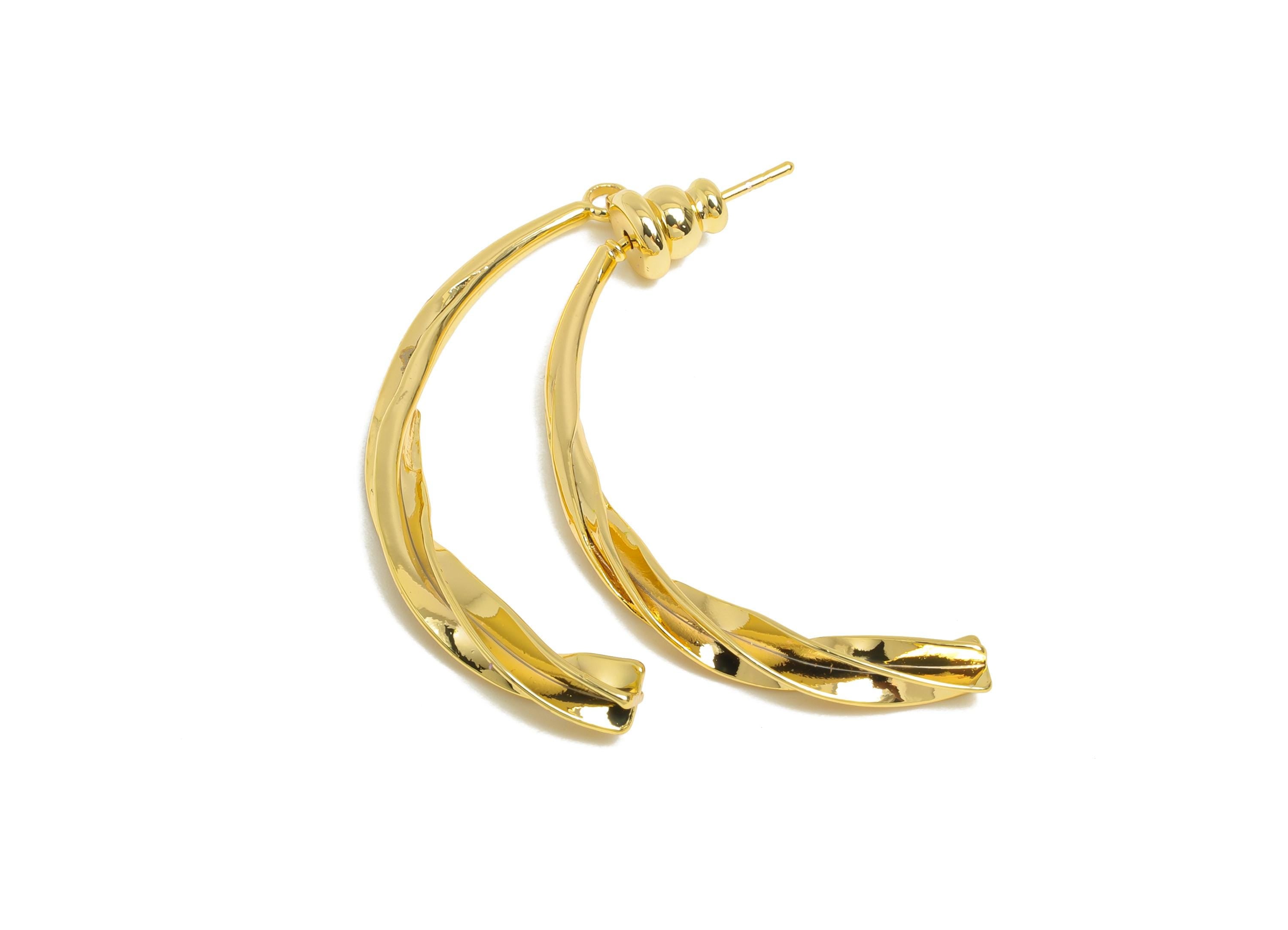 Brass Twisted Earring Stud - Gold Curved Bar Earring Post for Girl's - Statement Hoop Ear Jacket - 18K Gold Plated - 37x17x3.4mm - RGP9446 - DOMEDBAZAAR