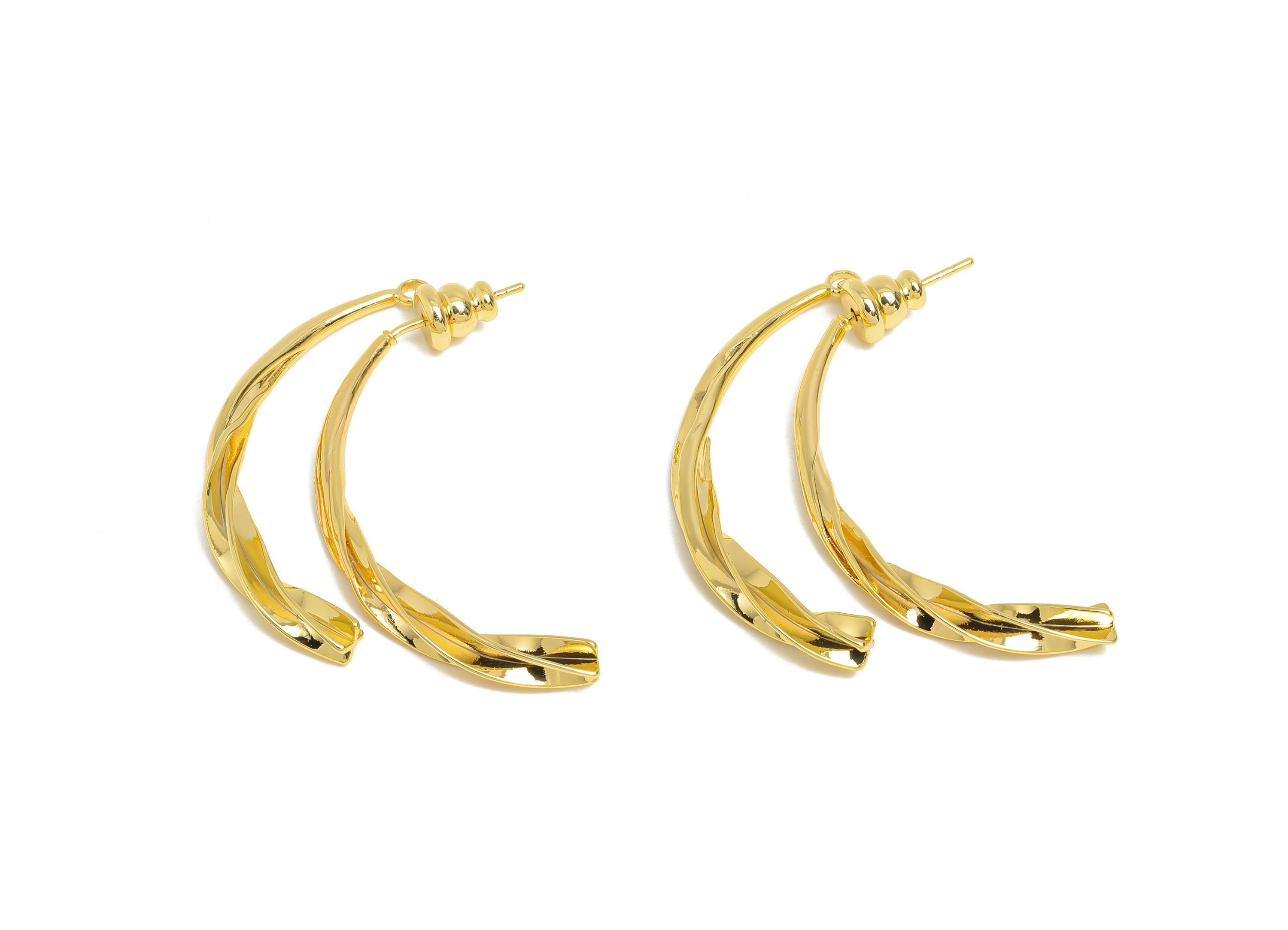 Brass Twisted Earring Stud - Gold Curved Bar Earring Post for Girl's - Statement Hoop Ear Jacket - 18K Gold Plated - 37x17x3.4mm - RGP9446 - DOMEDBAZAAR