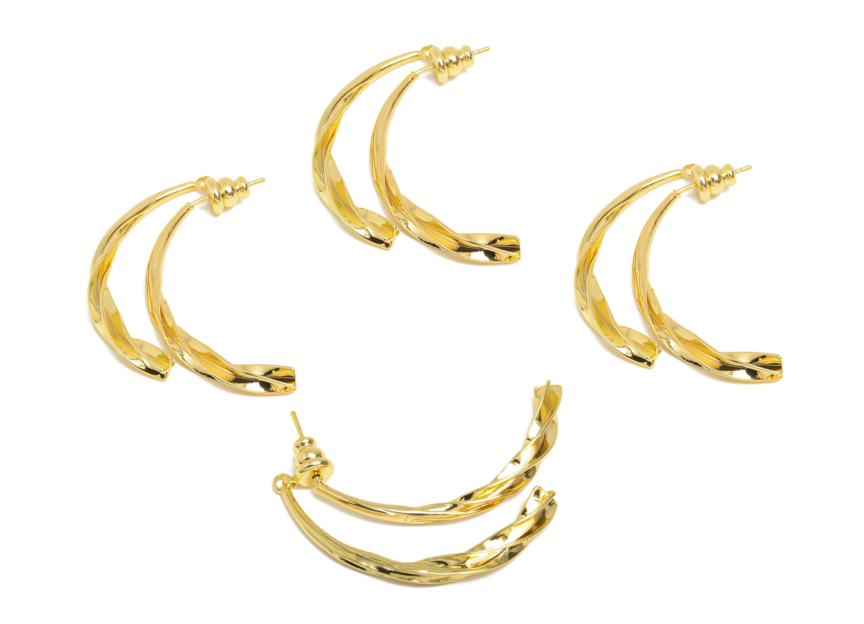 Brass Twisted Earring Stud - Gold Curved Bar Earring Post for Girl's - Statement Hoop Ear Jacket - 18K Gold Plated - 37x17x3.4mm - RGP9446 - DOMEDBAZAAR