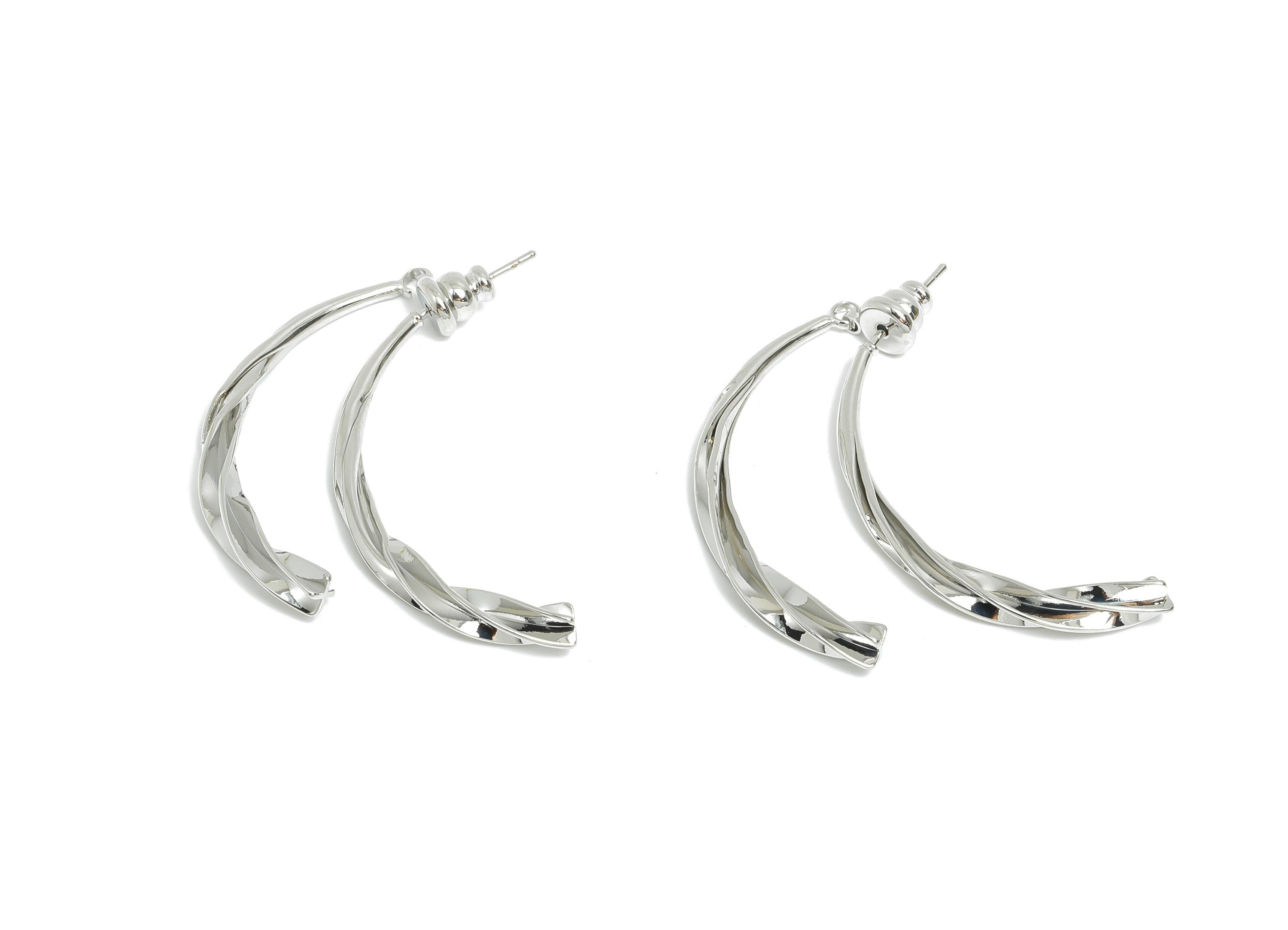 Brass Twisted Earring Stud - Silver Curved Bar Earring Post - Statement Hoop Ear Jacket - 18K Real White Gold Plated -37x17x3.4mm -RGP9446S - DOMEDBAZAAR