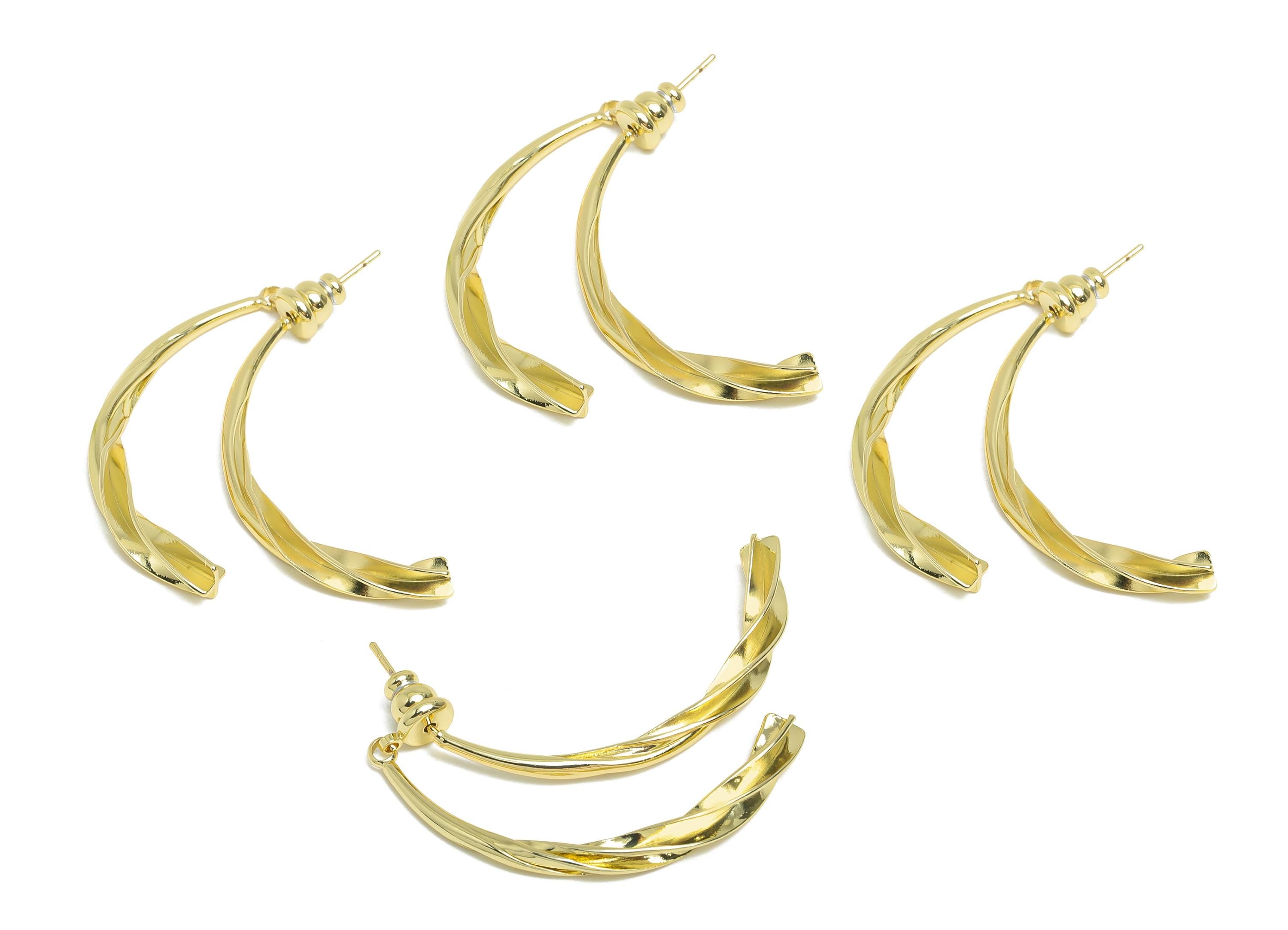 Brass Twisted Earring Stud - Gold Curved Bar Earring Post for Girl's - Statement Hoop Ear Jacket - 14K Gold Plated -37x17x3.4mm-RGP9446-14 - DOMEDBAZAAR