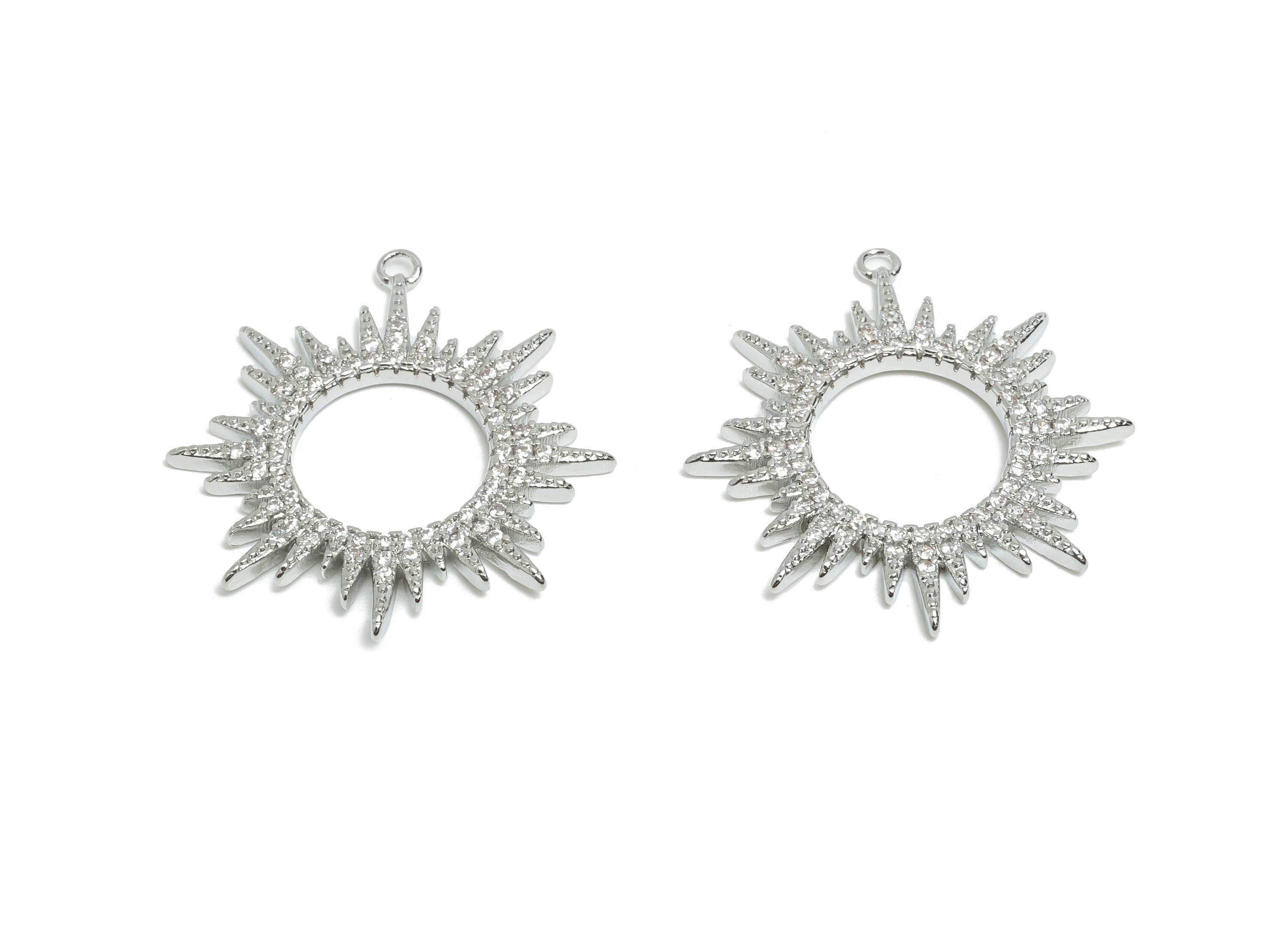 Sunburst Pendant Charm - Brass Silver Sun Earring Charm - Starburst Rhinestone Pendant - Sparkling Circle Pendant - 27x25.2x2mm - RGP10365 - DOMEDBAZAAR