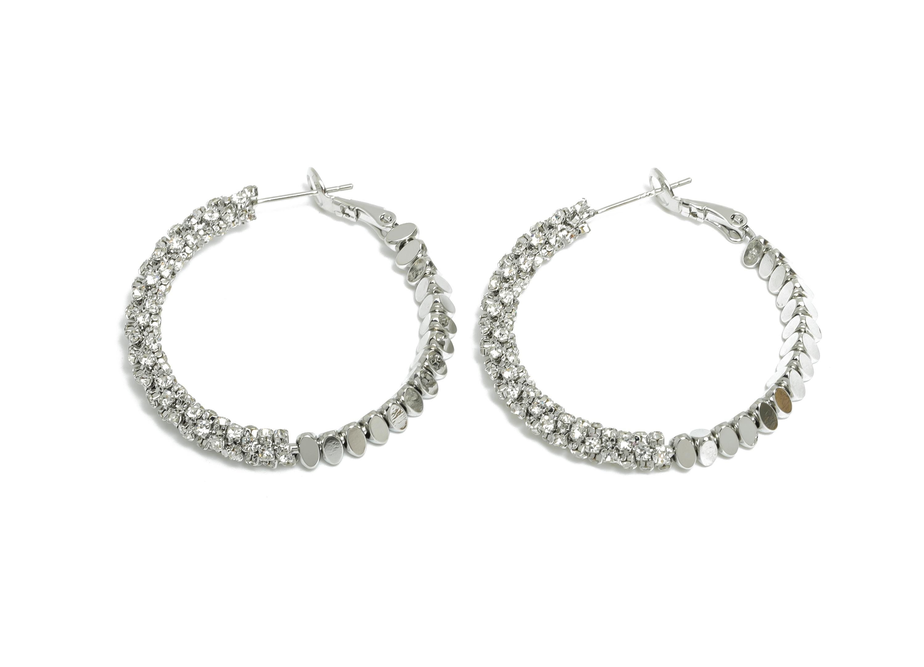 Brass Beaded Hoop Earring - White Stacked Triangle Zircon Earring - Geometric Clasp Back Earring -18K White Gold-Plated-36x34x4.5mm-RGP9509S - DOMEDBAZAAR