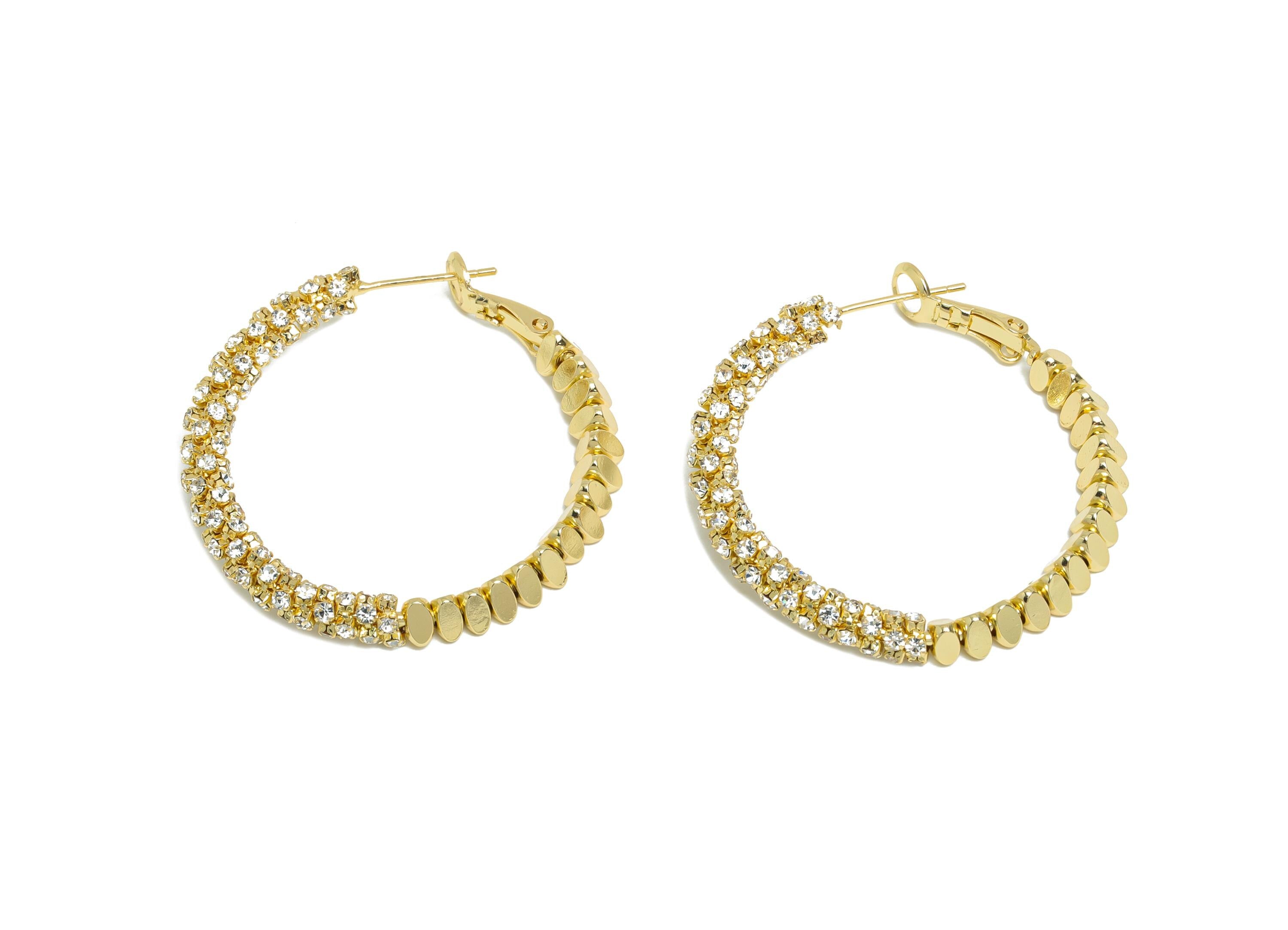 Brass Beaded Hoop Earring - Gold Stacked Triangle Zircon Earring - Geometric Clasp Back Earring -14K Real Gold-Plated-36x34x4.5mm-RGP9509-14 - DOMEDBAZAAR