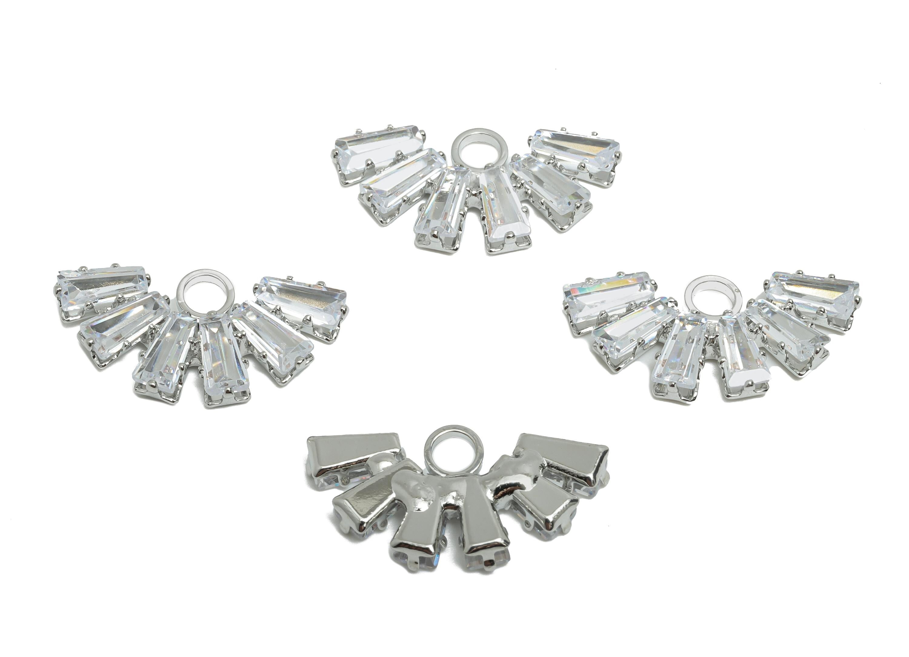 Brass Fan Earring Charm - Semicircle Earring Charm - Dainty Zircon Pendant for Necklace - 18K Real White Gold Plated -20x10x2.6mm- RGP10336 - DOMEDBAZAAR