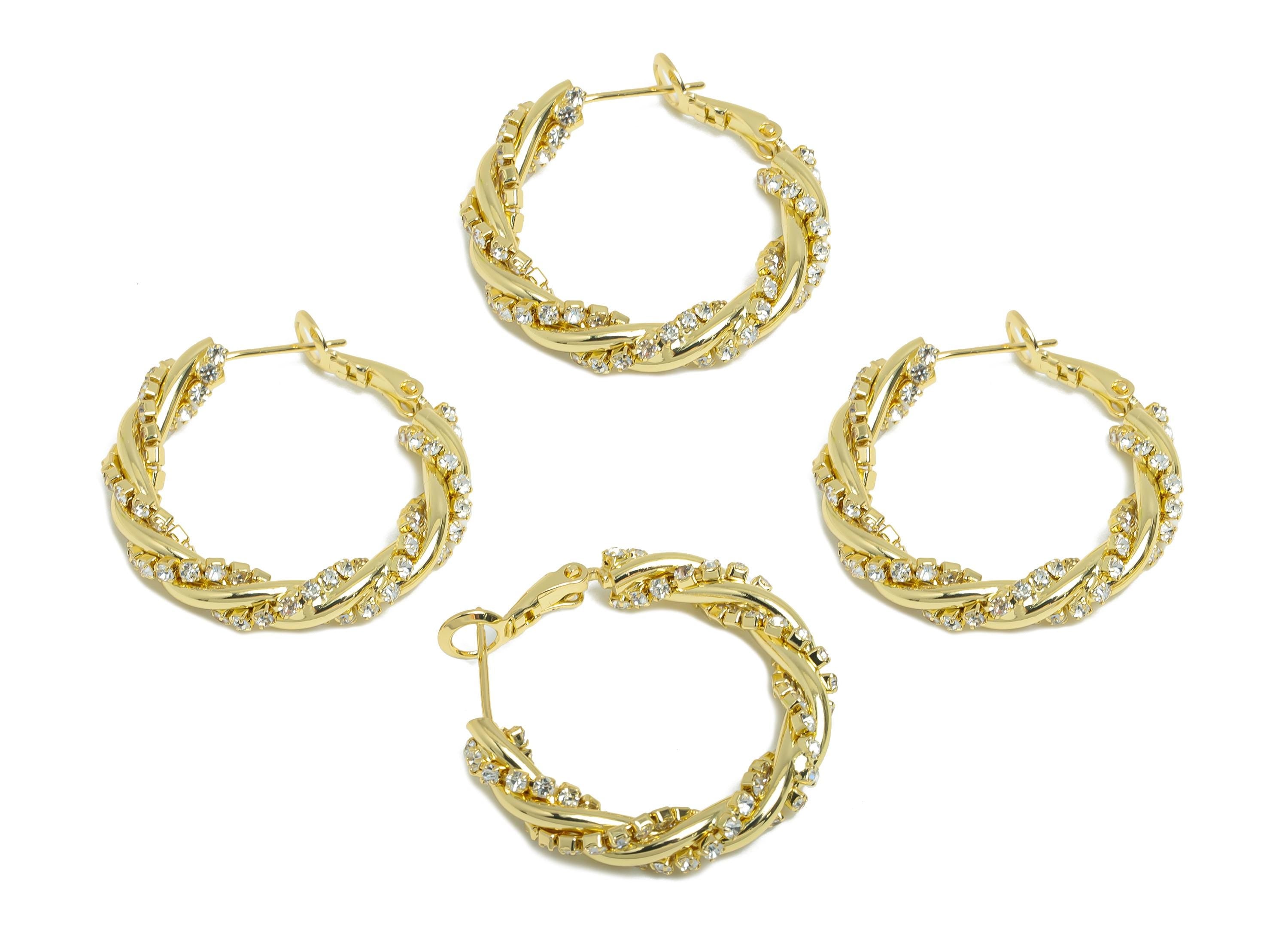 Brass Twisted Hoop Earring - Gold Round Luxurious Zircon Earring - Geometric Clasp Back Earring -14K Real Gold-Plated -30x26x4mm -RGP9506-14 - DOMEDBAZAAR