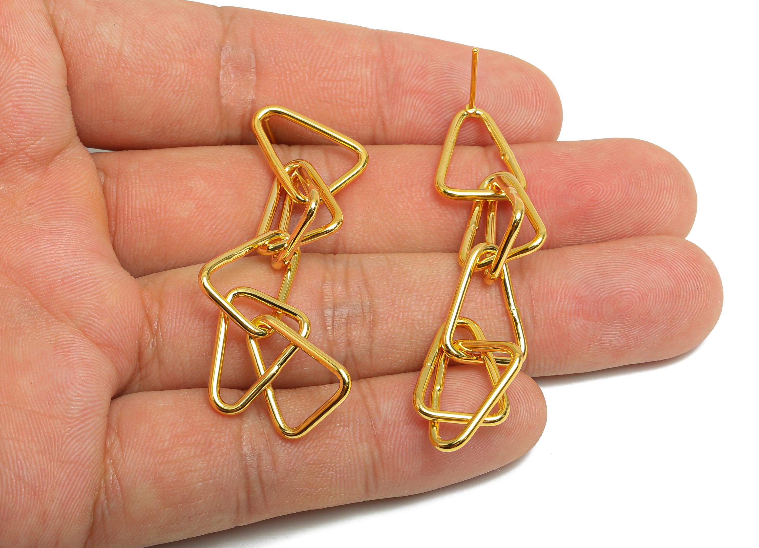 Triangle Ring Dangle Earring - Brass Long Interlock Earring Post - Gold Dangle Geometric Earring - 18K Gold Plated -47x12.3x1.5mm - RGP9513 - DOMEDBAZAAR