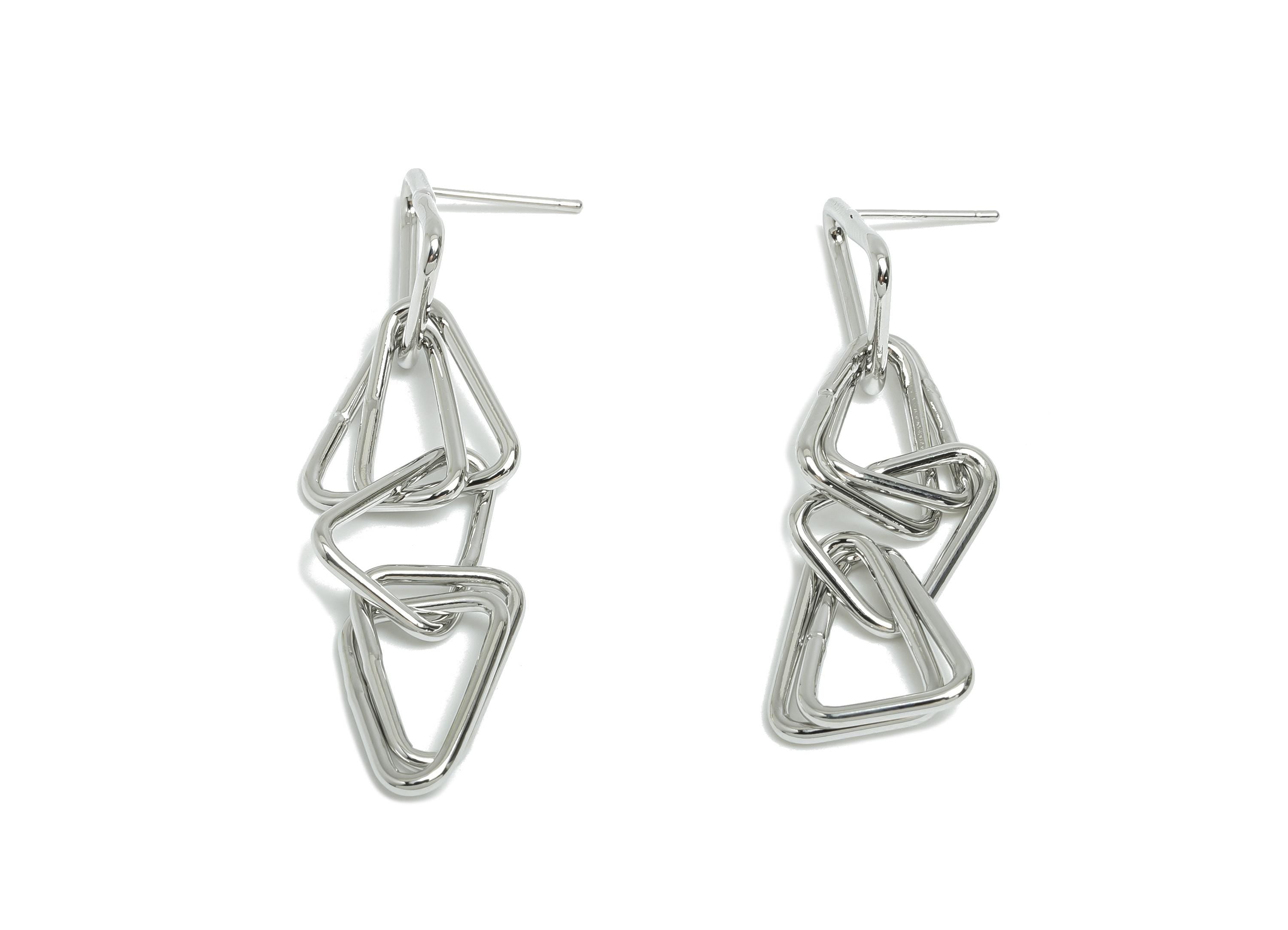 Triangle Ring Dangle Earring - Brass Interlock Earring Post - Silver Dangle Geometric Earring -18K White Gold Plated -47x12.3x1.5mm-RGP9513S - DOMEDBAZAAR