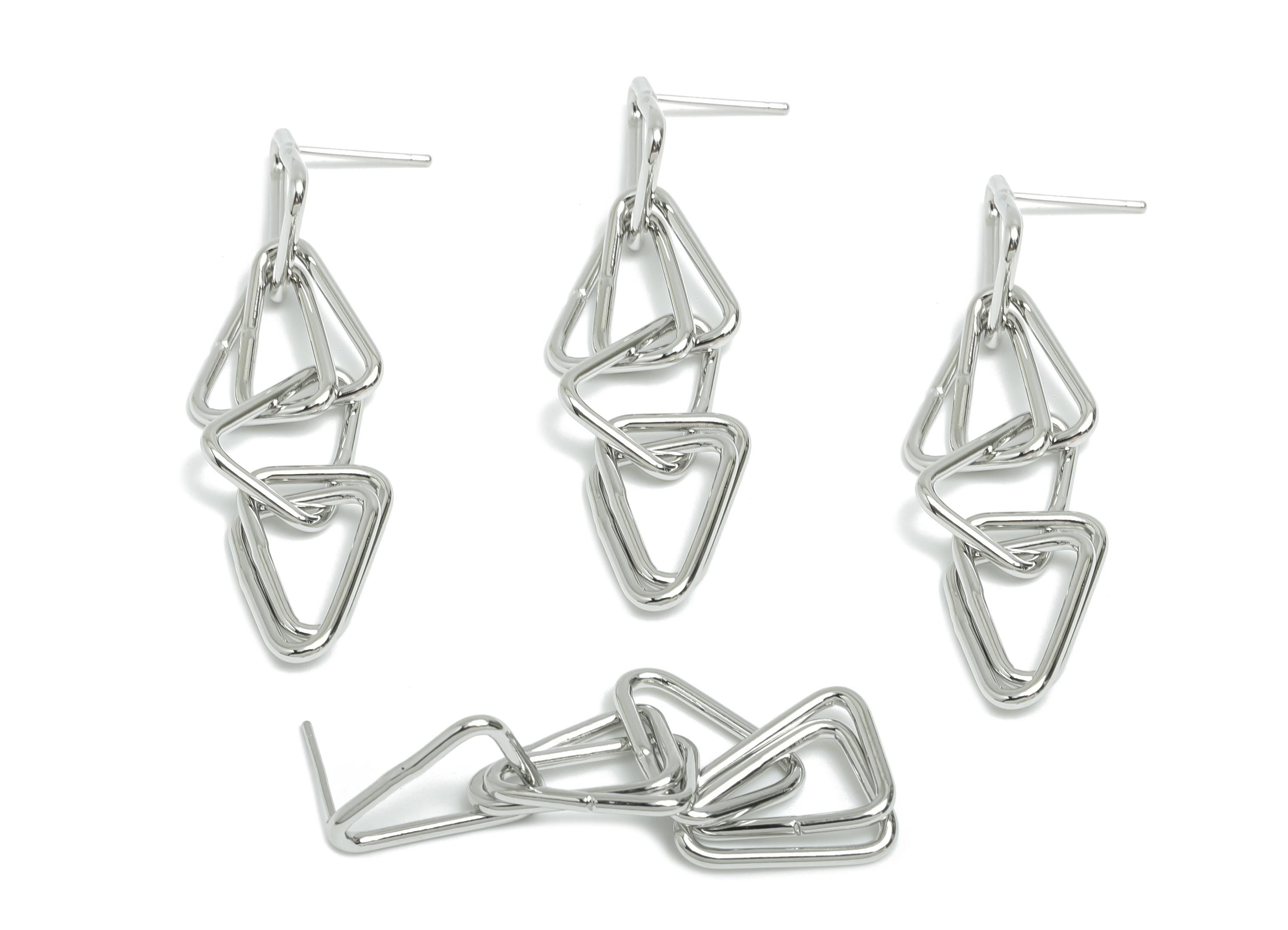 Triangle Ring Dangle Earring - Brass Interlock Earring Post - Silver Dangle Geometric Earring -18K White Gold Plated -47x12.3x1.5mm-RGP9513S - DOMEDBAZAAR