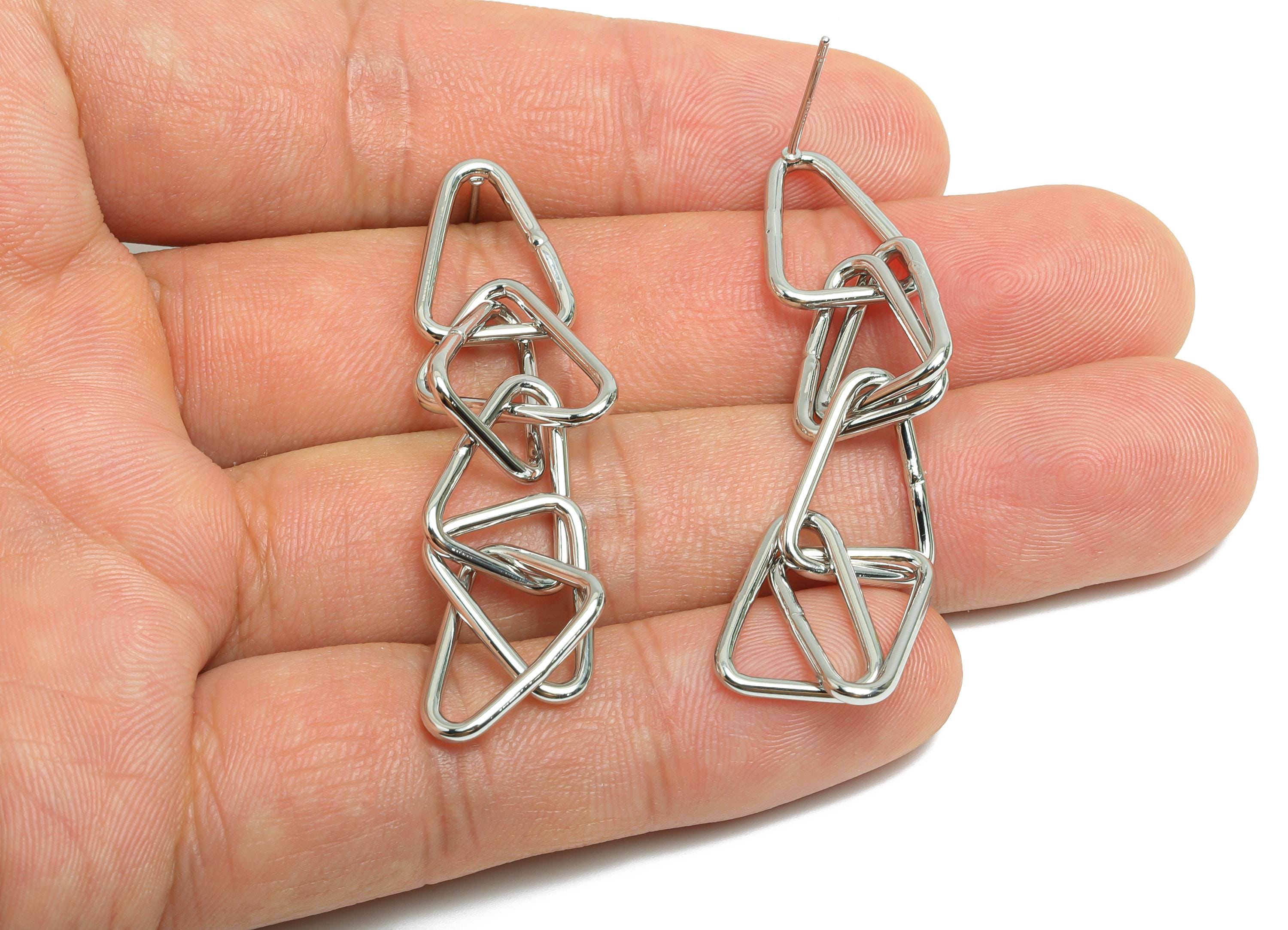 Triangle Ring Dangle Earring - Brass Interlock Earring Post - Silver Dangle Geometric Earring -18K White Gold Plated -47x12.3x1.5mm-RGP9513S - DOMEDBAZAAR