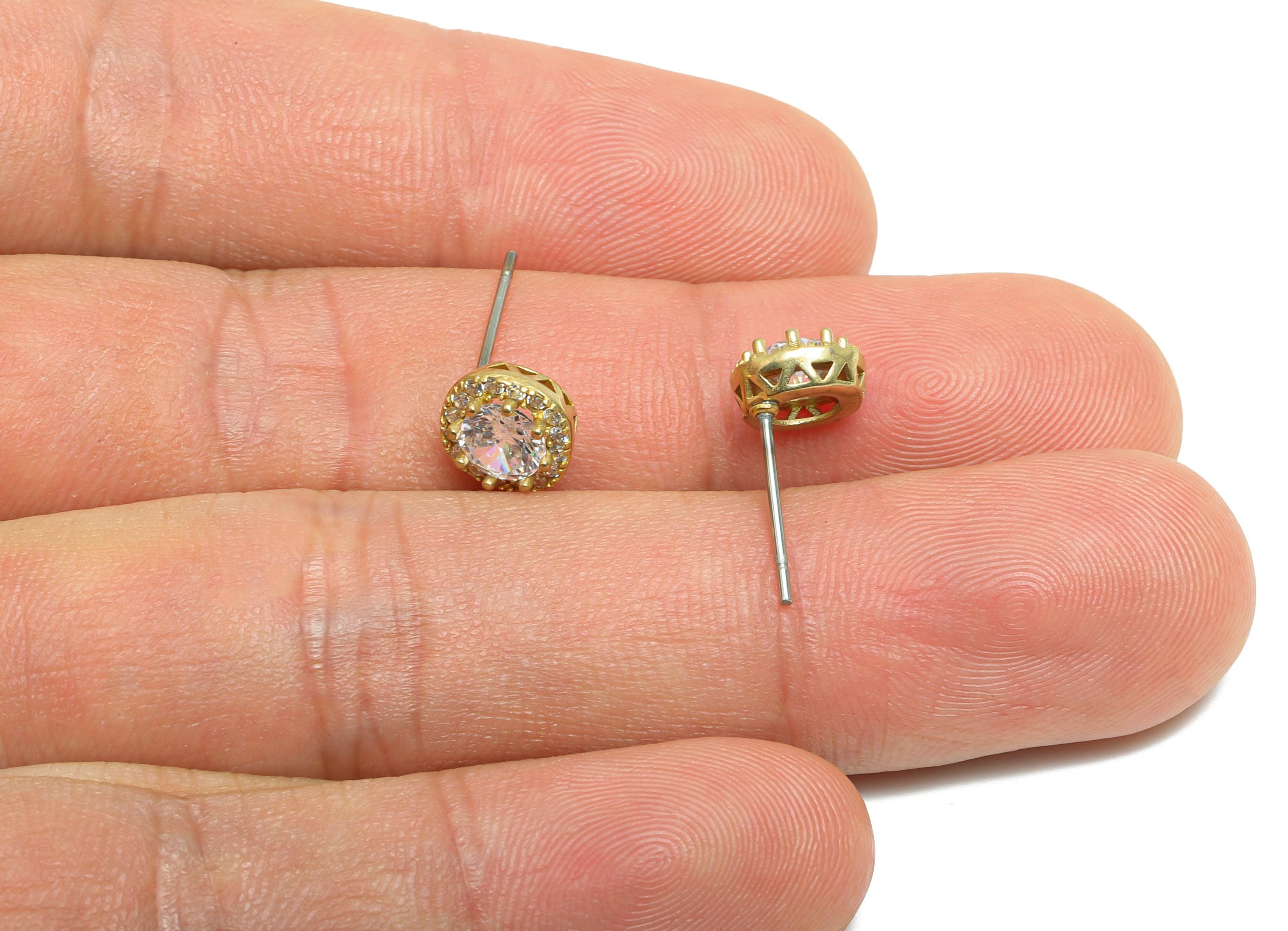 Halo Stud Earring - Raw Brass Round-Cut Shiny Gemstone Stud - Minimalist Gem Earring Post - Dainty Rhinestone Earring - 16x7x4mm - PP11021 - DOMEDBAZAAR