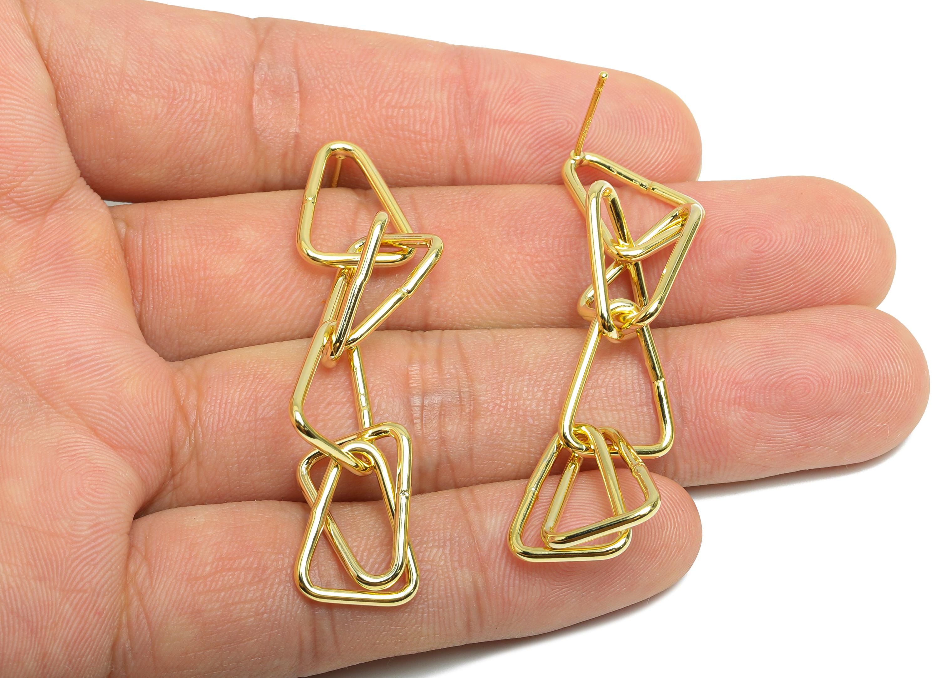 Triangle Ring Dangle Earring - Brass Long Interlock Earring Post - Gold Dangle Geometric Earring -14K Gold Plated -47x12.3x1.5mm-RGP9513-14 - DOMEDBAZAAR