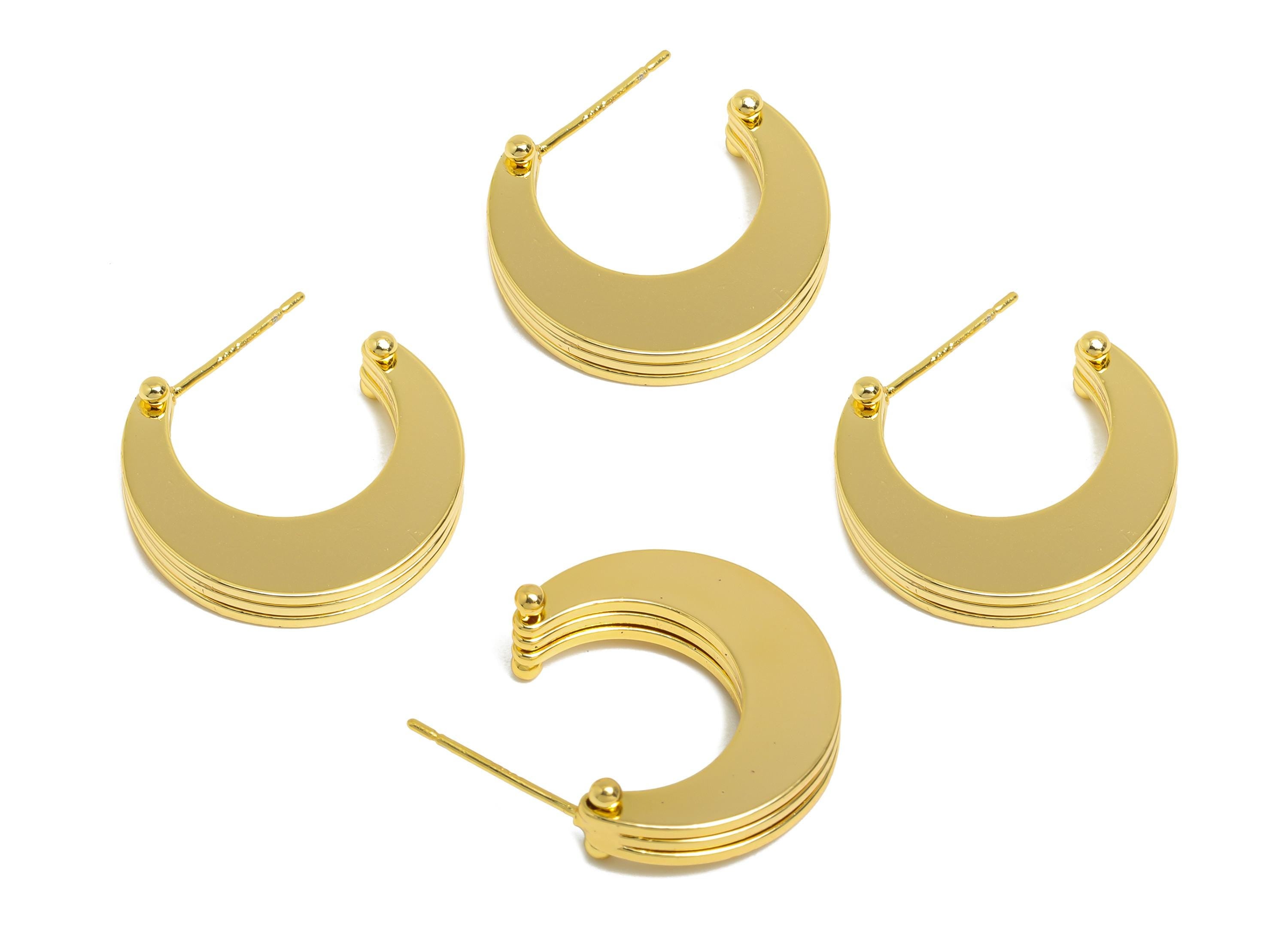 Brass Stacked Crescent Stud Earring - Gold 3 Layers Moon Earring Post - Statement Earring Post - 18K Real Gold Plated -21x18x3.4mm- RGP9531 - DOMEDBAZAAR