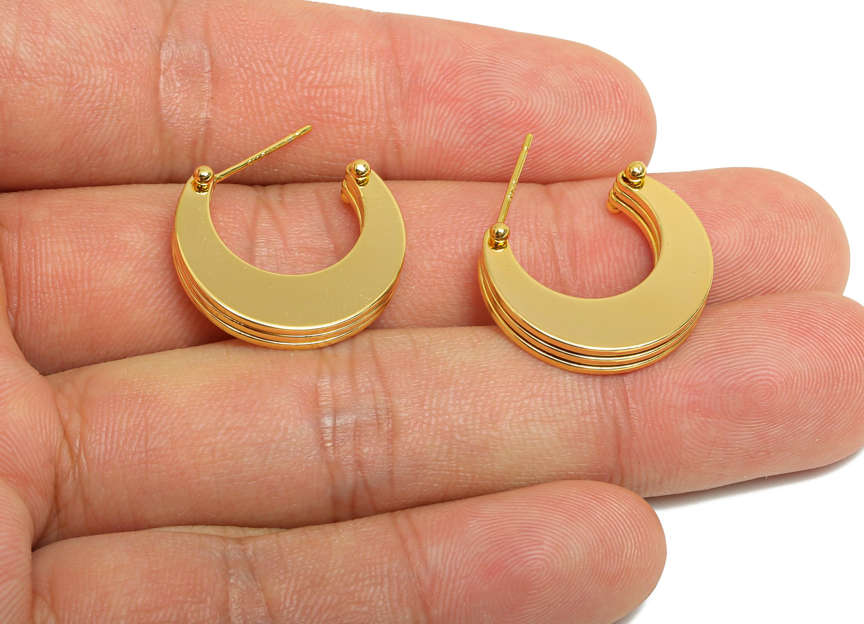 Brass Stacked Crescent Stud Earring - Gold 3 Layers Moon Earring Post - Statement Earring Post - 18K Real Gold Plated -21x18x3.4mm- RGP9531 - DOMEDBAZAAR