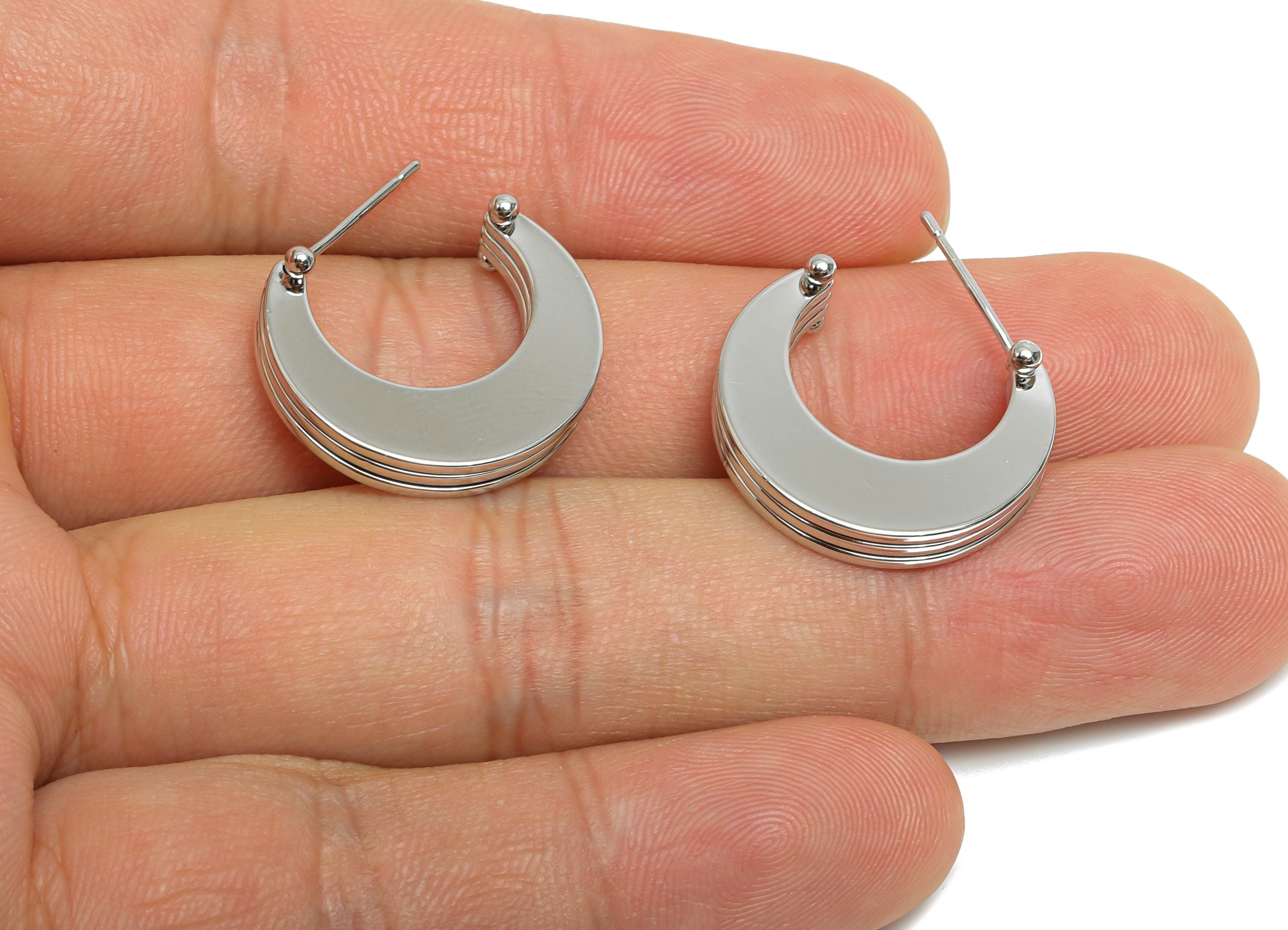 Brass Stacked Crescent Stud Earring - Silver 3 Layers Moon Earring Post - Statement Earring Post -18K White Gold Plated-21x18x3.4mm-RGP9531S - DOMEDBAZAAR