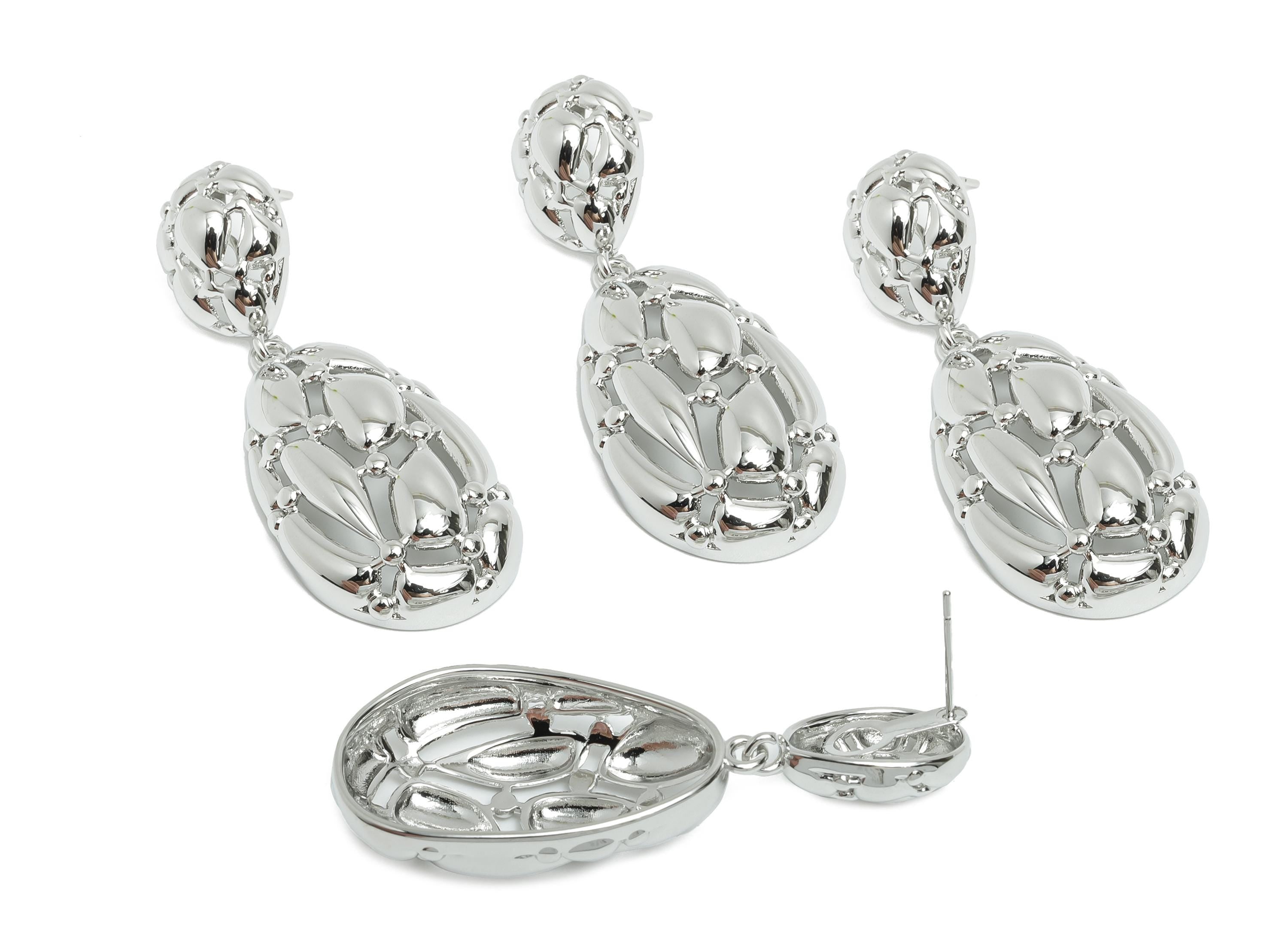 Bold Drop Earring Stud - Brass Dangle Earring Stud - Dainty Intricate Dangle Earring - Silver Teardrop Earring Stud - 51x19x8mm - RGP10328 - DOMEDBAZAAR