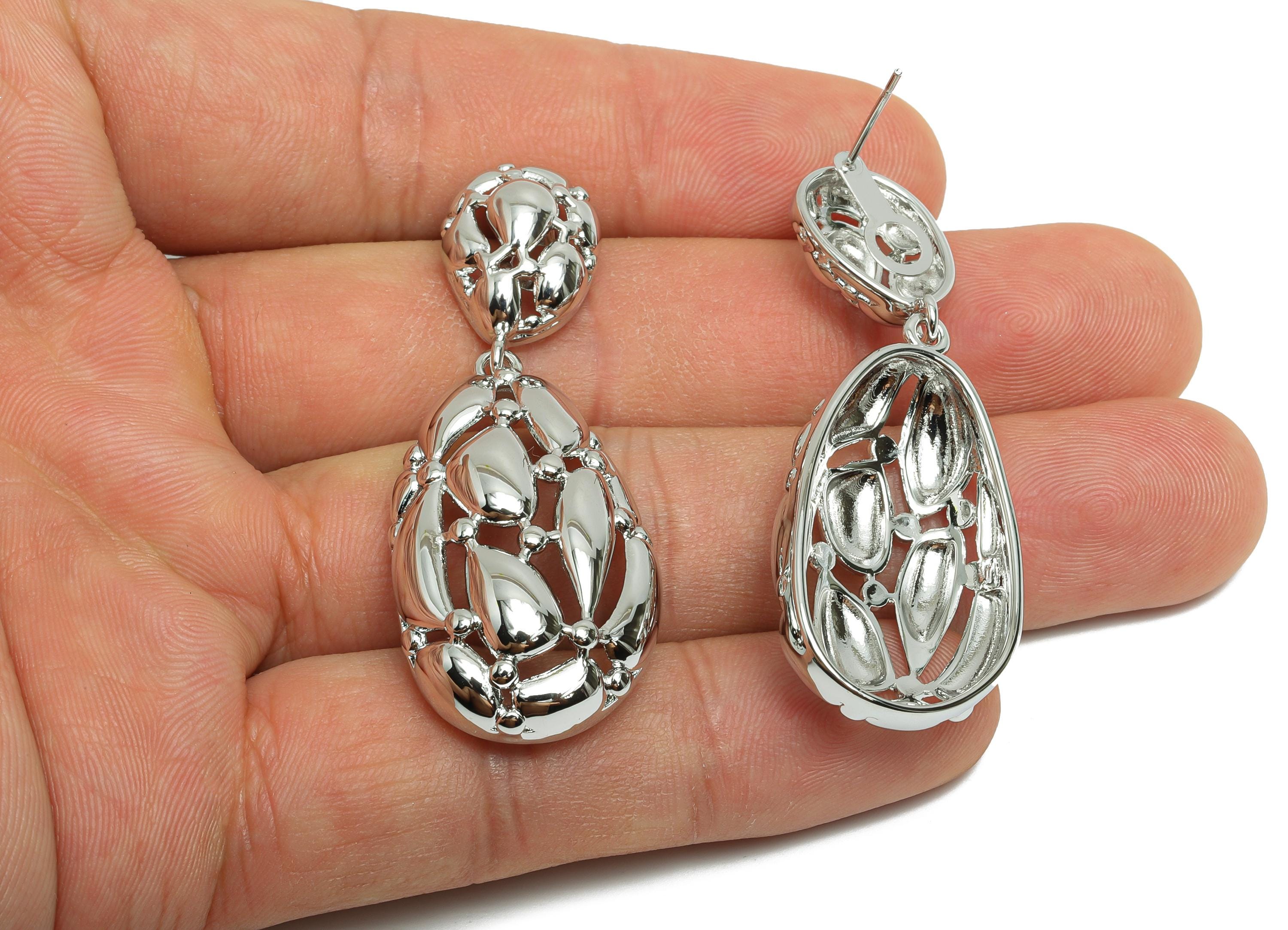 Bold Drop Earring Stud - Brass Dangle Earring Stud - Dainty Intricate Dangle Earring - Silver Teardrop Earring Stud - 51x19x8mm - RGP10328 - DOMEDBAZAAR