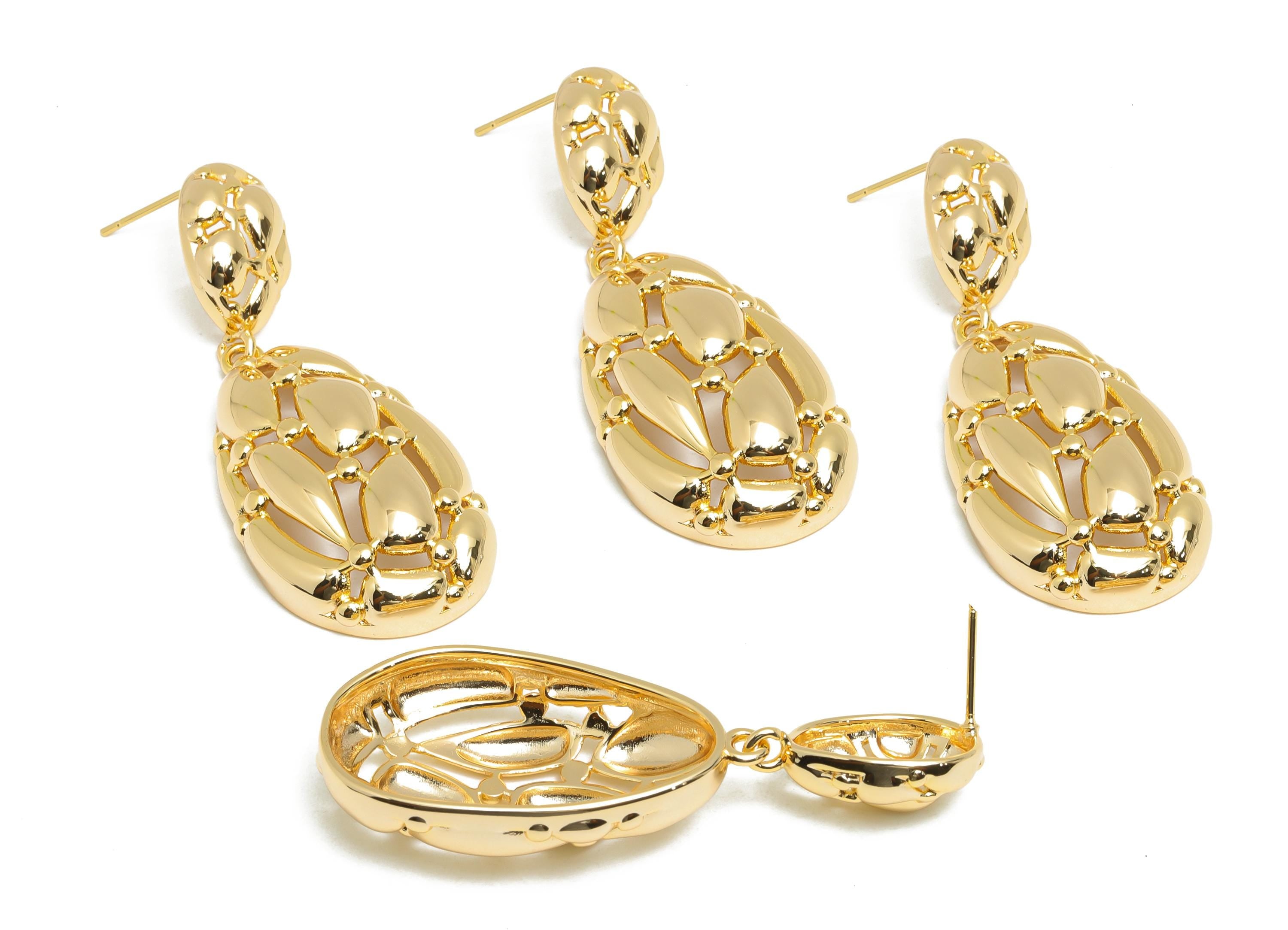 Bold Drop Earring Stud - Brass Dangle Earring Stud - Dainty Intricate Dangle Earring - Gold Teardrop Earring Stud - 51x19x8mm - RGP10327 - DOMEDBAZAAR