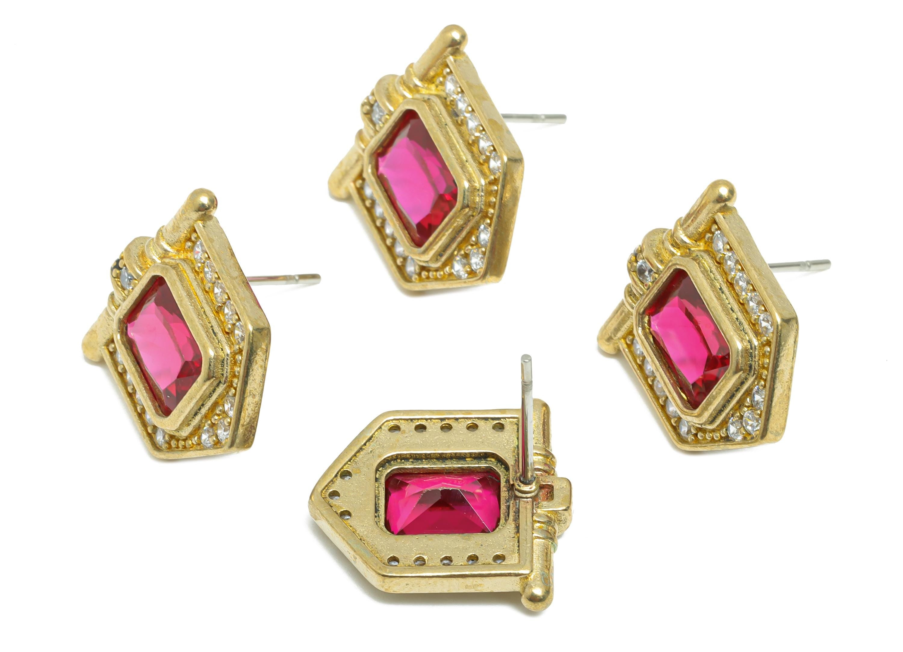 Red Gemstone Stud Earring - Raw Brass Vintage Gemstone Stud - Red Zircon Earring Post - Dainty Fashion Jewelry Earring  - 16x15x3mm -PP10985 - DOMEDBAZAAR