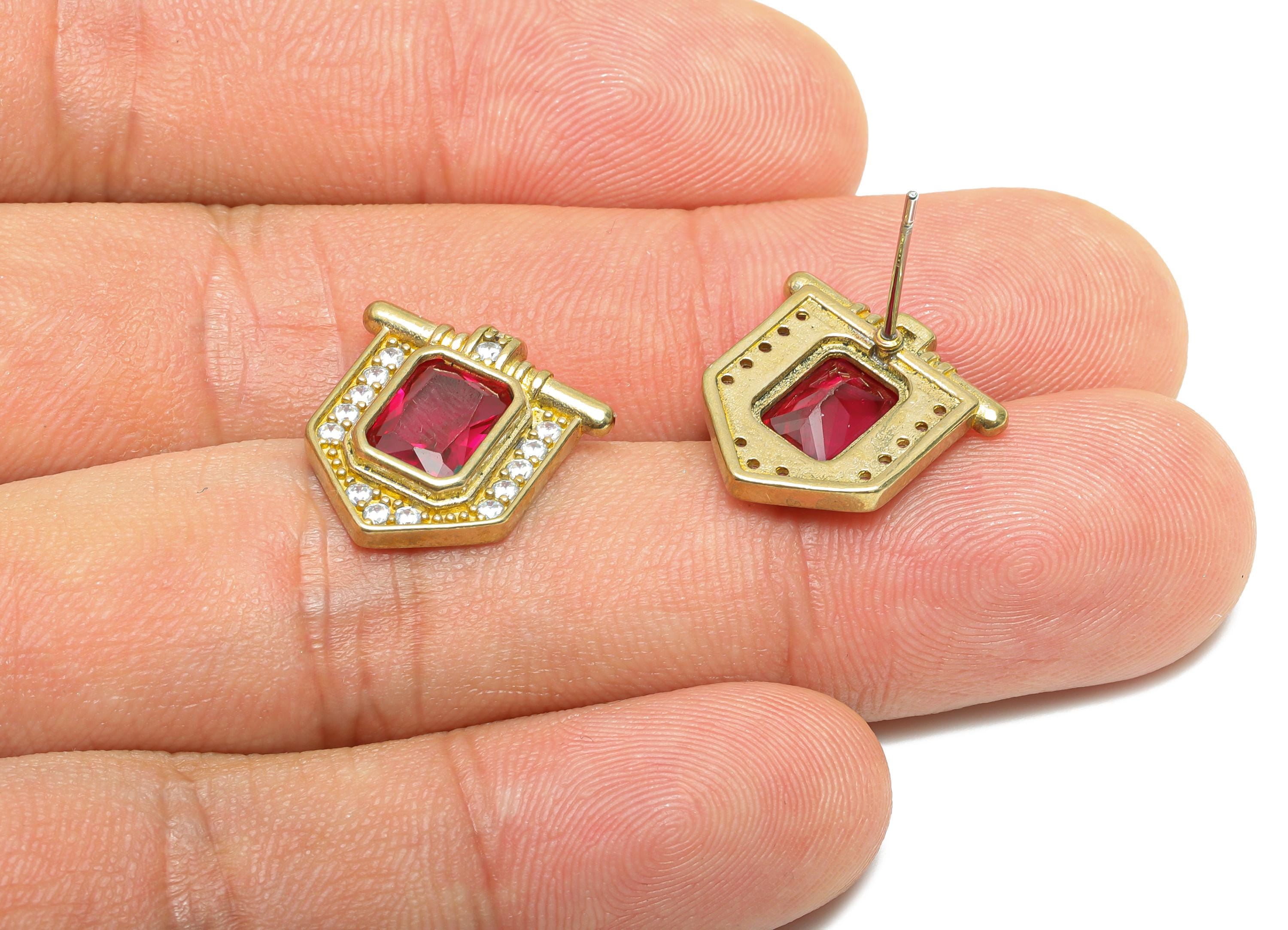 Red Gemstone Stud Earring - Raw Brass Vintage Gemstone Stud - Red Zircon Earring Post - Dainty Fashion Jewelry Earring  - 16x15x3mm -PP10985 - DOMEDBAZAAR