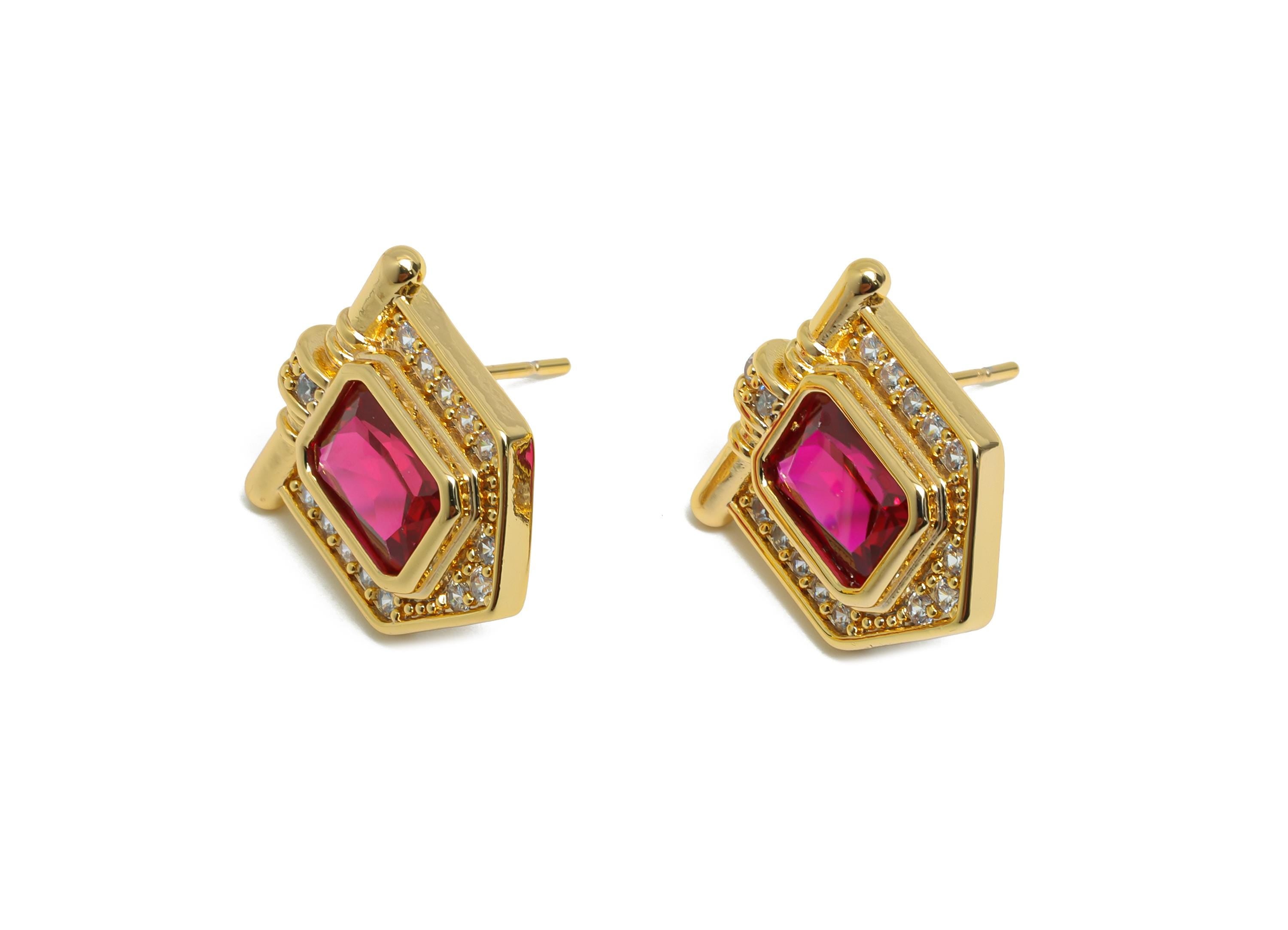 Red Gemstone Stud Earring - Brass Vintage Gemstone Stud - Gold Zircon Earring Post - Dainty Fashion Jewelry Earring - 16x15x3mm - RGP10322 - DOMEDBAZAAR