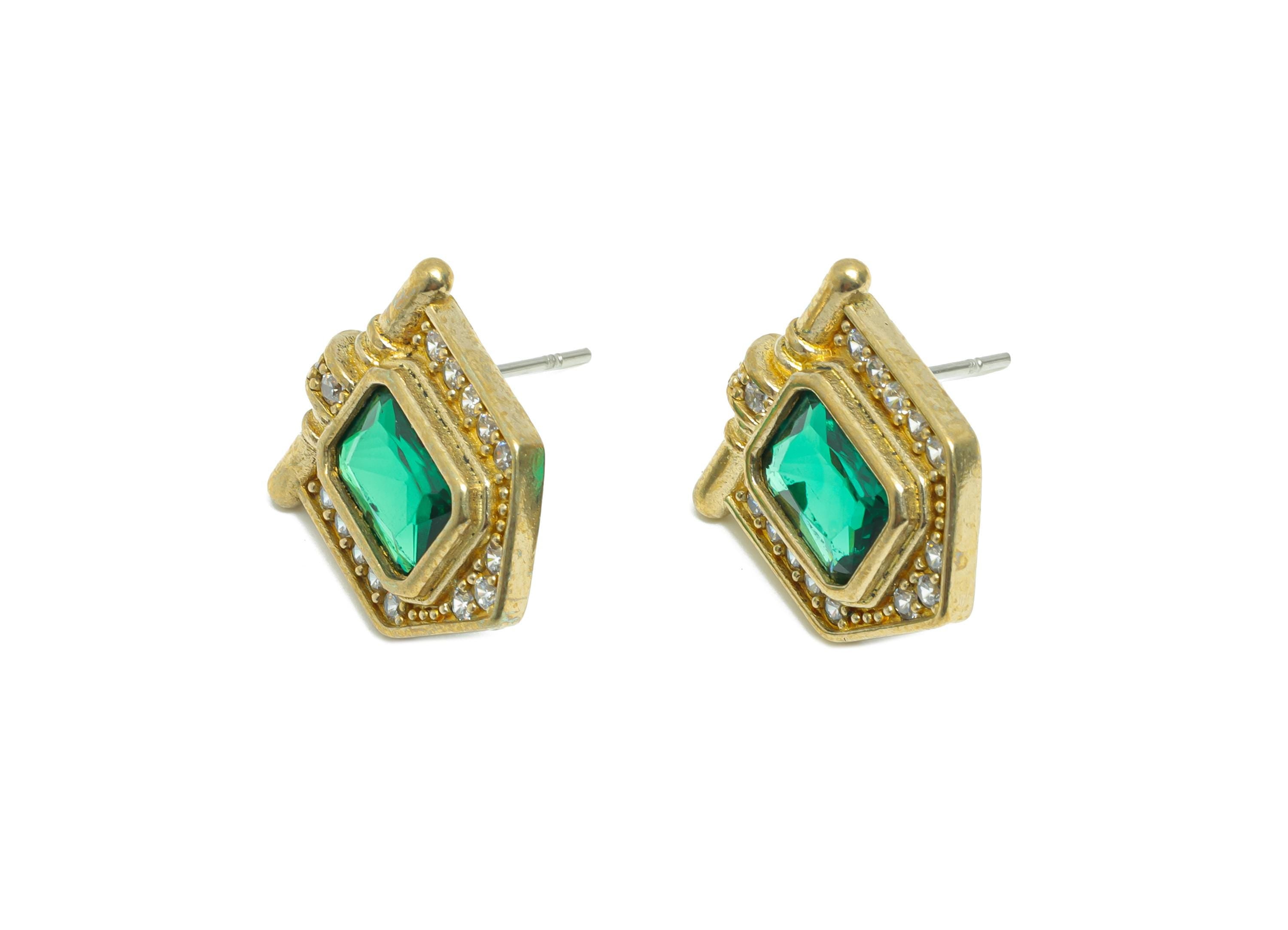Green Gemstone Stud Earring - Raw Brass Vintage Gemstone Stud - Zircon Earring Post - Dainty Fashion Jewelry Earring  - 16x15x3mm -PP10986 - DOMEDBAZAAR
