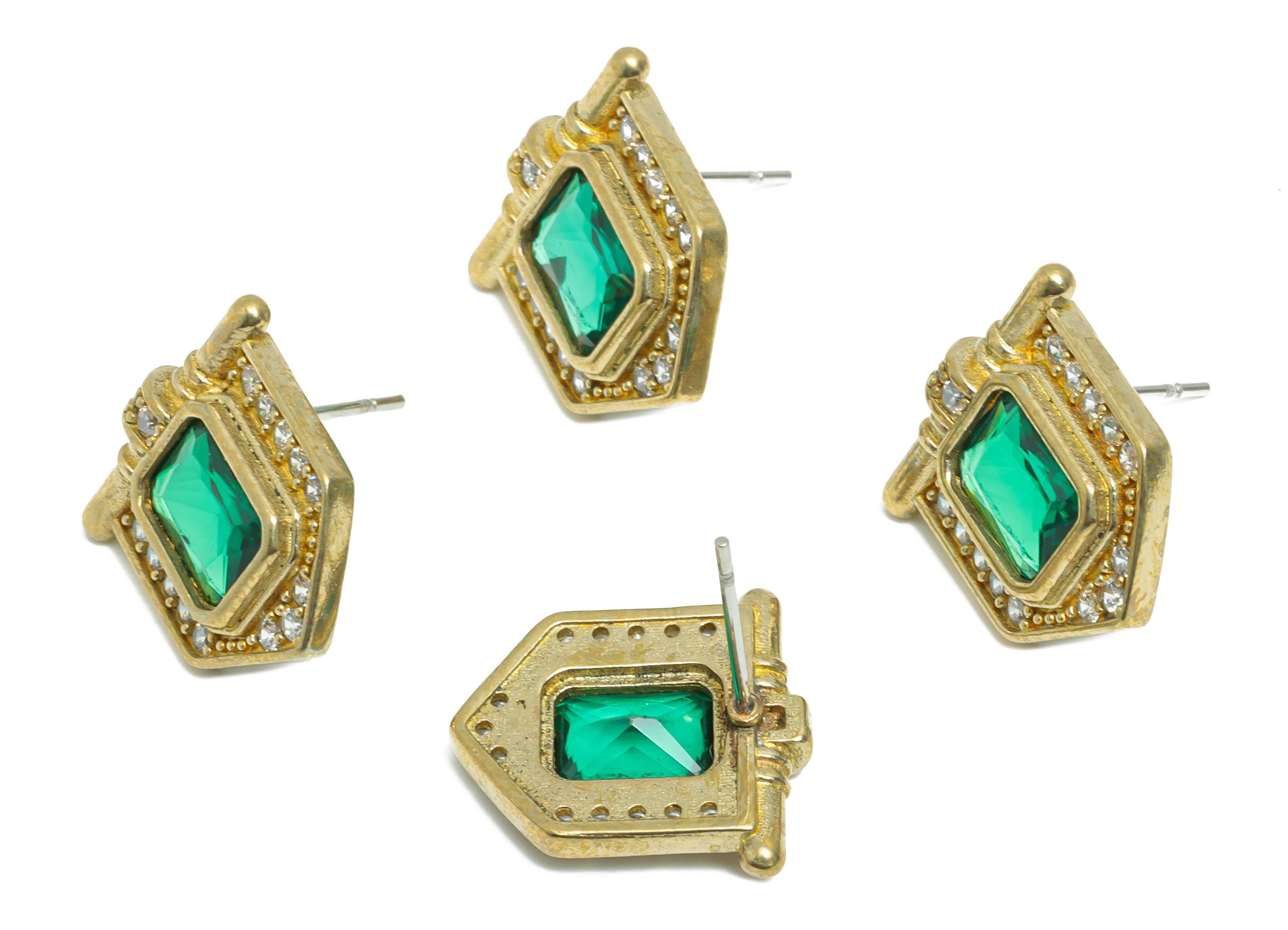 Green Gemstone Stud Earring - Raw Brass Vintage Gemstone Stud - Zircon Earring Post - Dainty Fashion Jewelry Earring  - 16x15x3mm -PP10986 - DOMEDBAZAAR