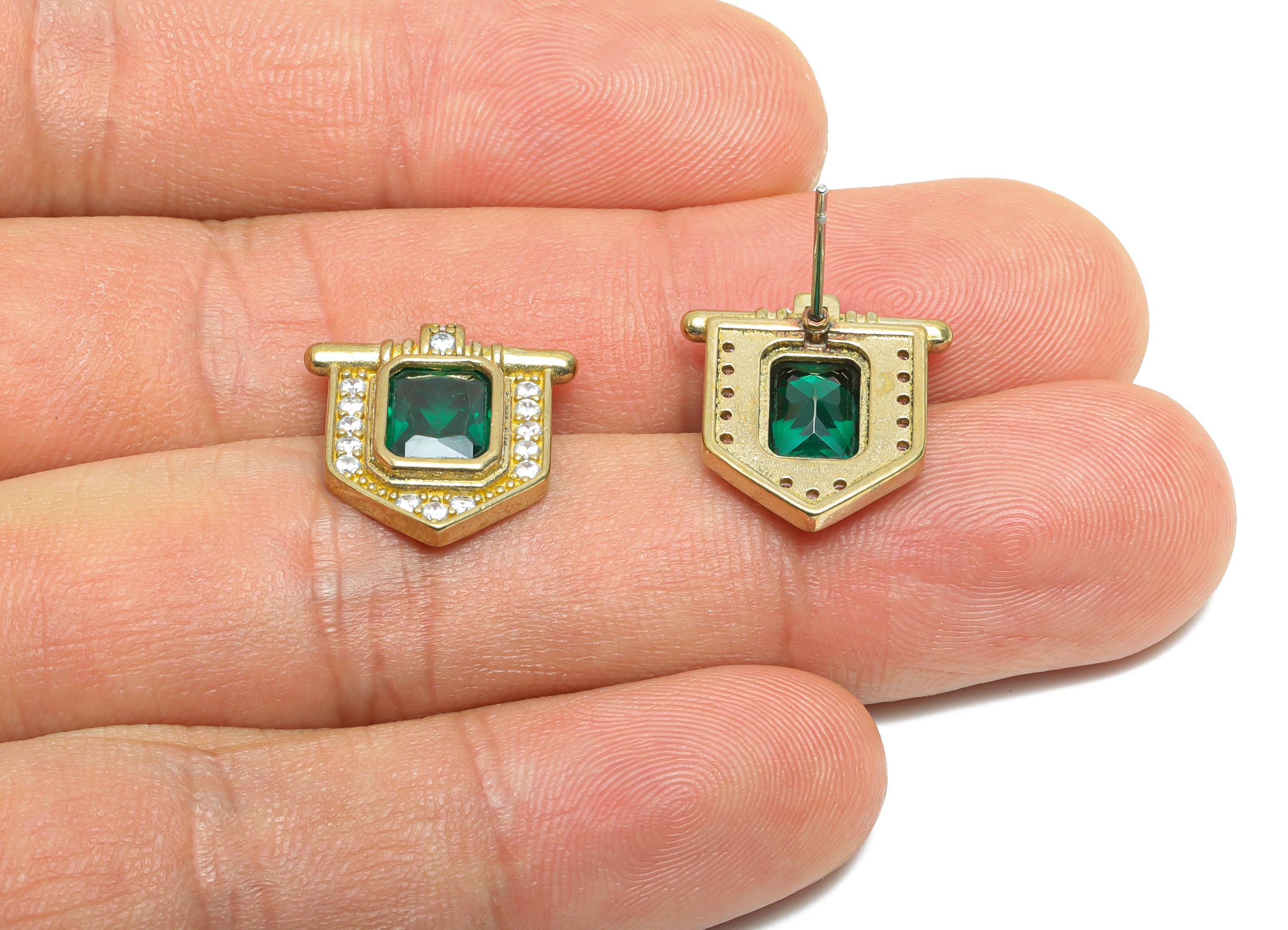 Green Gemstone Stud Earring - Raw Brass Vintage Gemstone Stud - Zircon Earring Post - Dainty Fashion Jewelry Earring  - 16x15x3mm -PP10986 - DOMEDBAZAAR