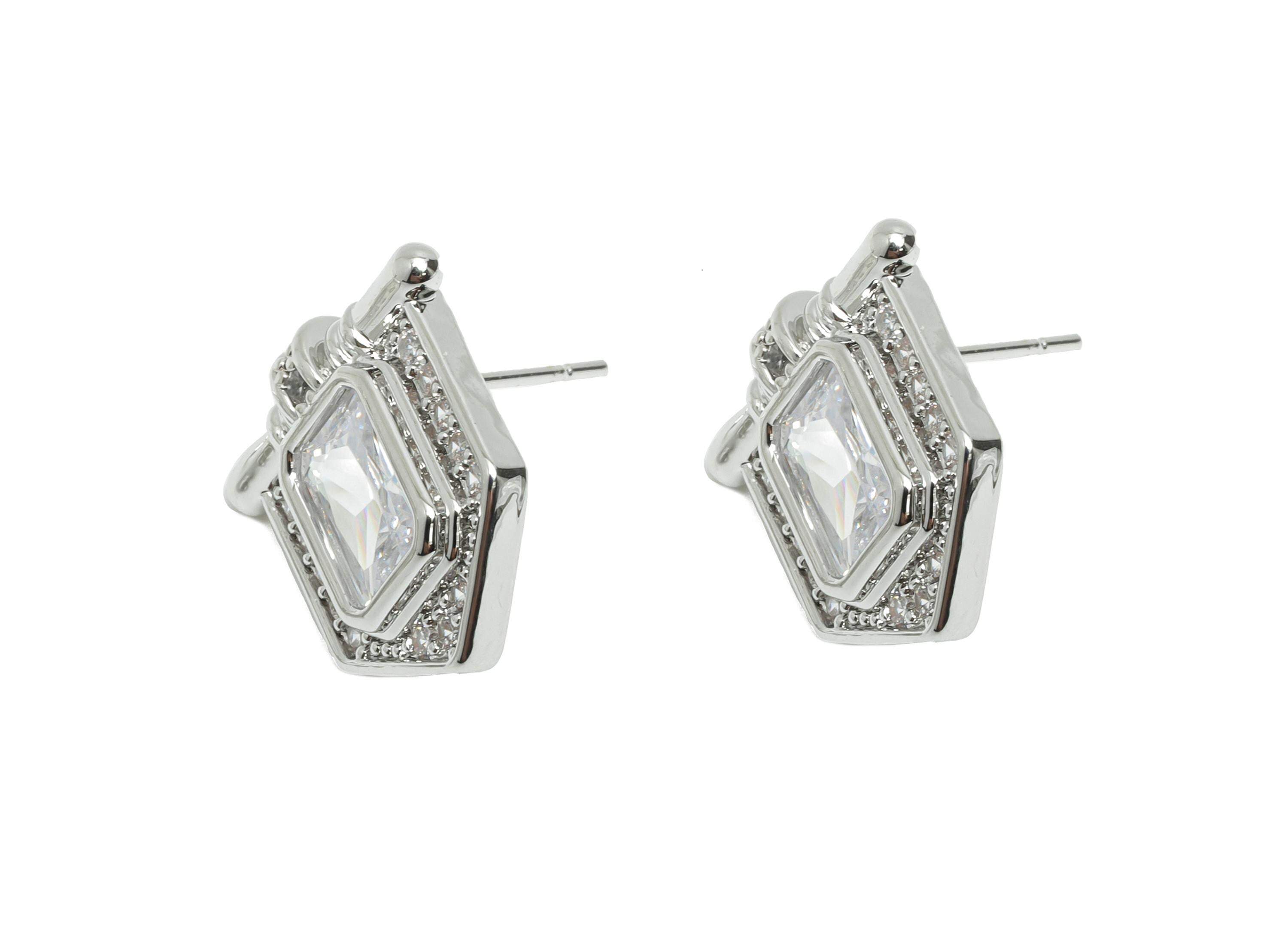 White Gemstone Stud Earring - Brass Vintage Gemstone Stud - Silver Zircon Earring Post - Dainty Fashion Jewelry Earring -16x16x3mm-RGP10321 - DOMEDBAZAAR