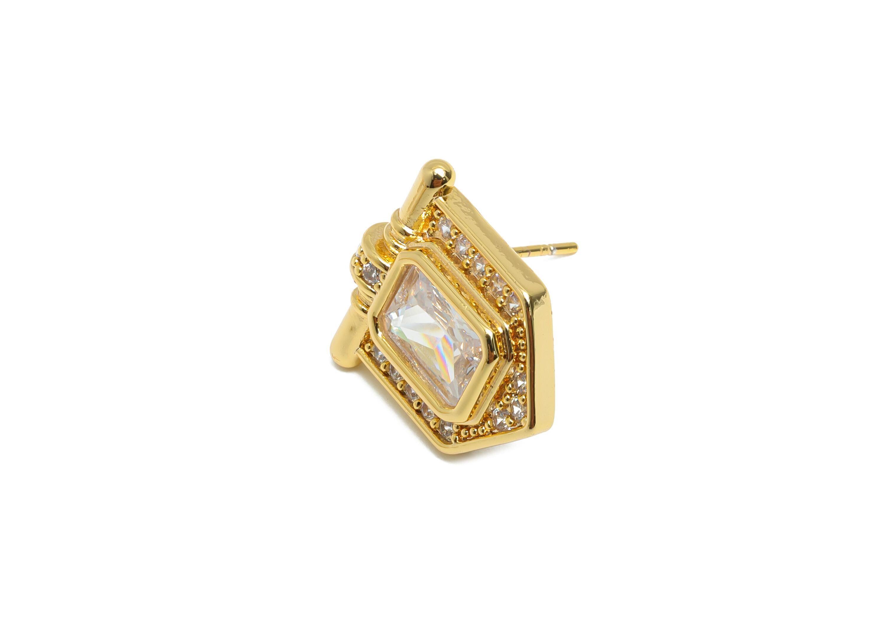 White Gemstone Stud Earring - Brass Vintage Gemstone Stud - Gold Zircon Earring Post - Dainty Fashion Jewelry Earring -16x16x3mm-RGP10320 - DOMEDBAZAAR