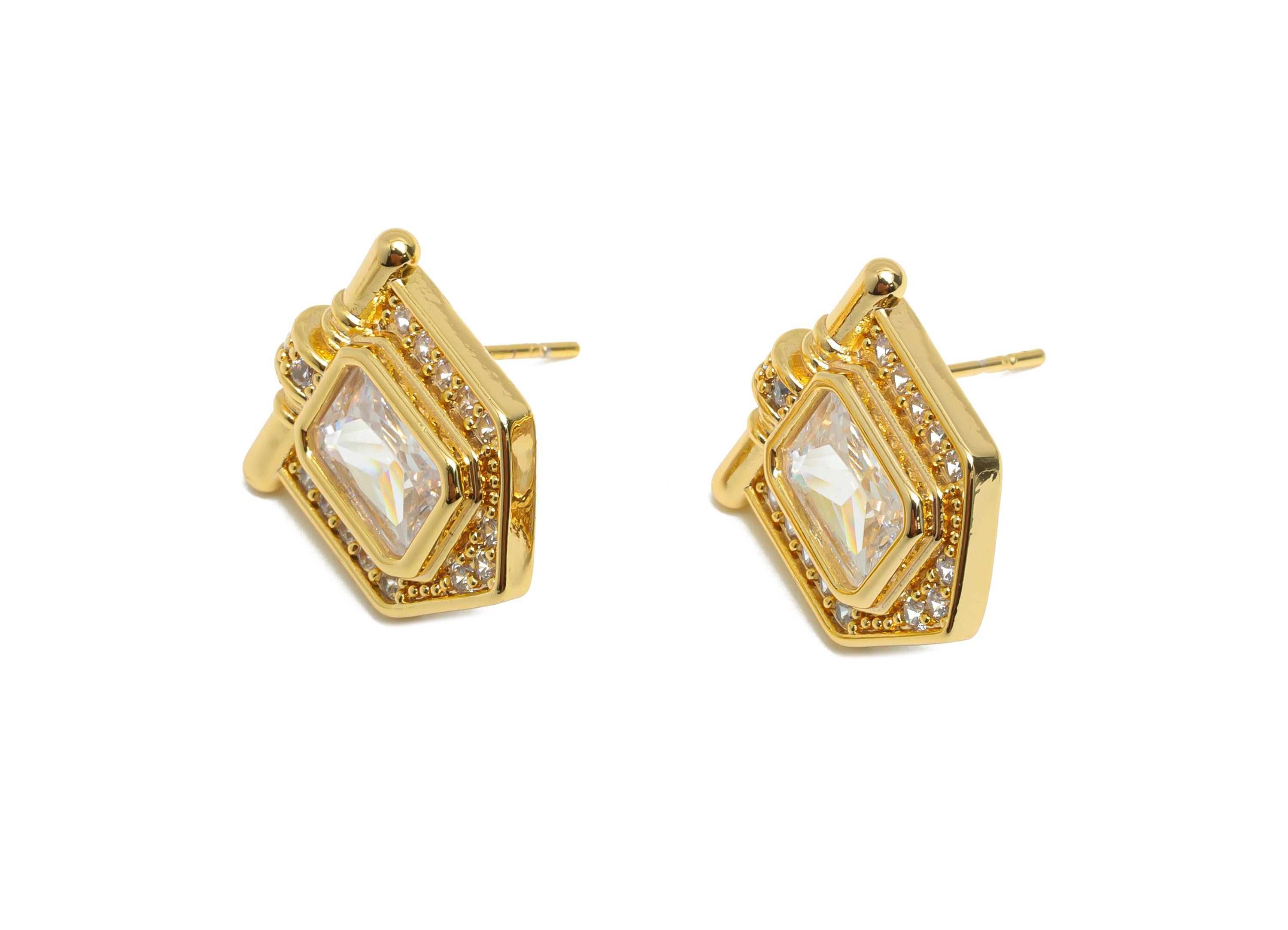 White Gemstone Stud Earring - Brass Vintage Gemstone Stud - Gold Zircon Earring Post - Dainty Fashion Jewelry Earring -16x16x3mm-RGP10320 - DOMEDBAZAAR