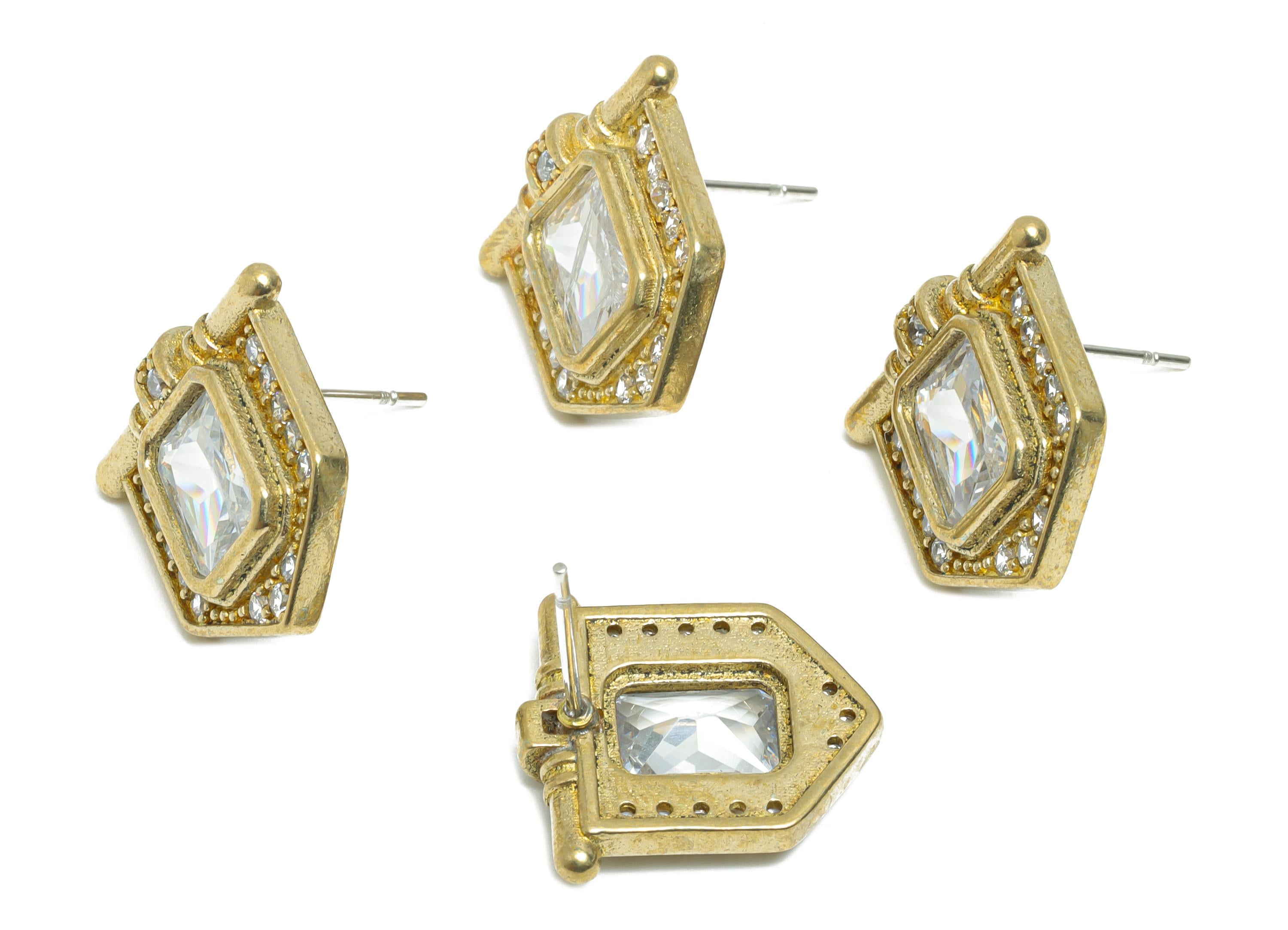 White Gemstone Stud Earring - Raw Brass Vintage Gemstone Stud - Zircon Earring Post - Dainty Fashion Jewelry Earring  -16x16x3mm - PP10984 - DOMEDBAZAAR