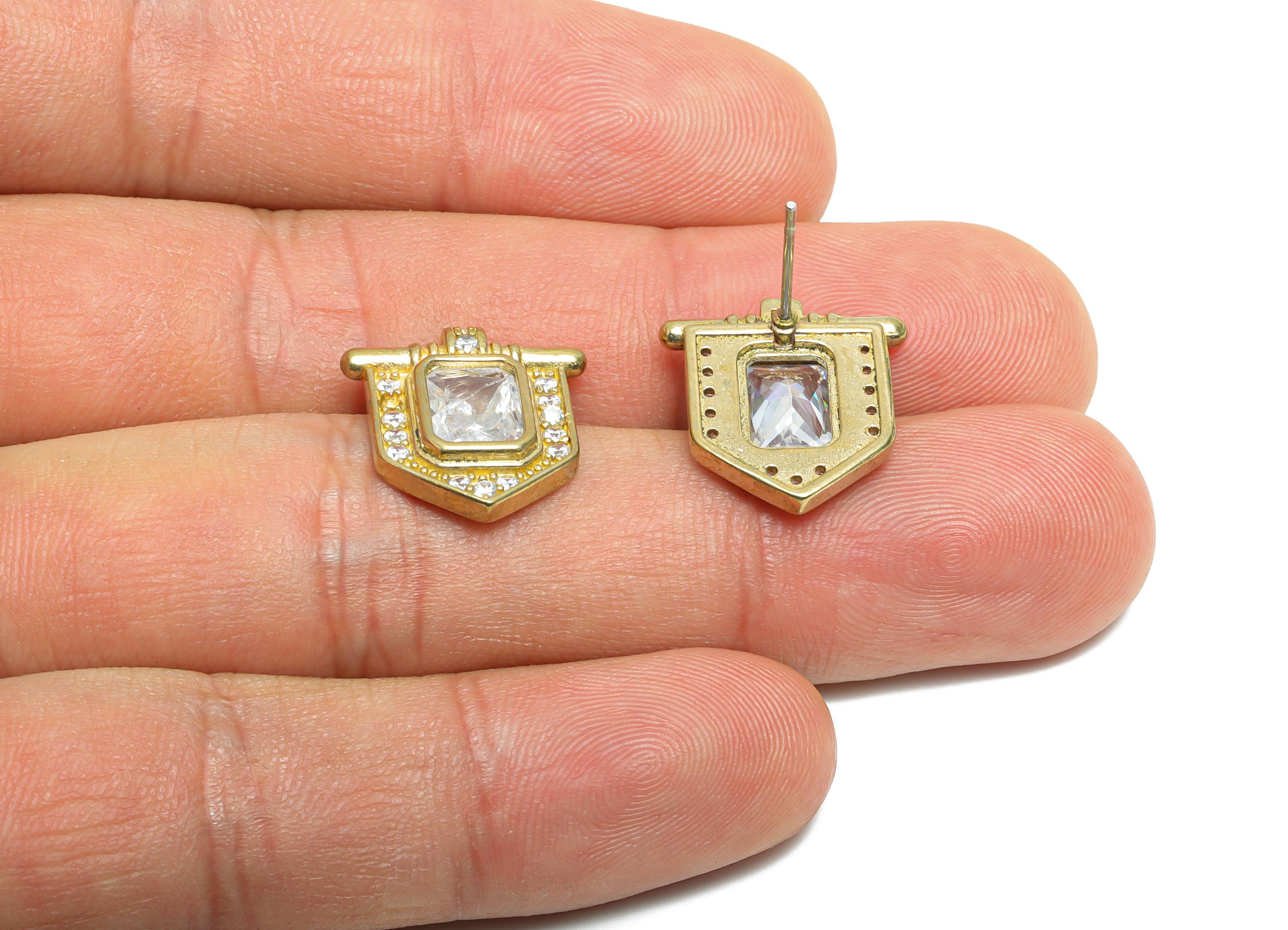 White Gemstone Stud Earring - Raw Brass Vintage Gemstone Stud - Zircon Earring Post - Dainty Fashion Jewelry Earring  -16x16x3mm - PP10984 - DOMEDBAZAAR