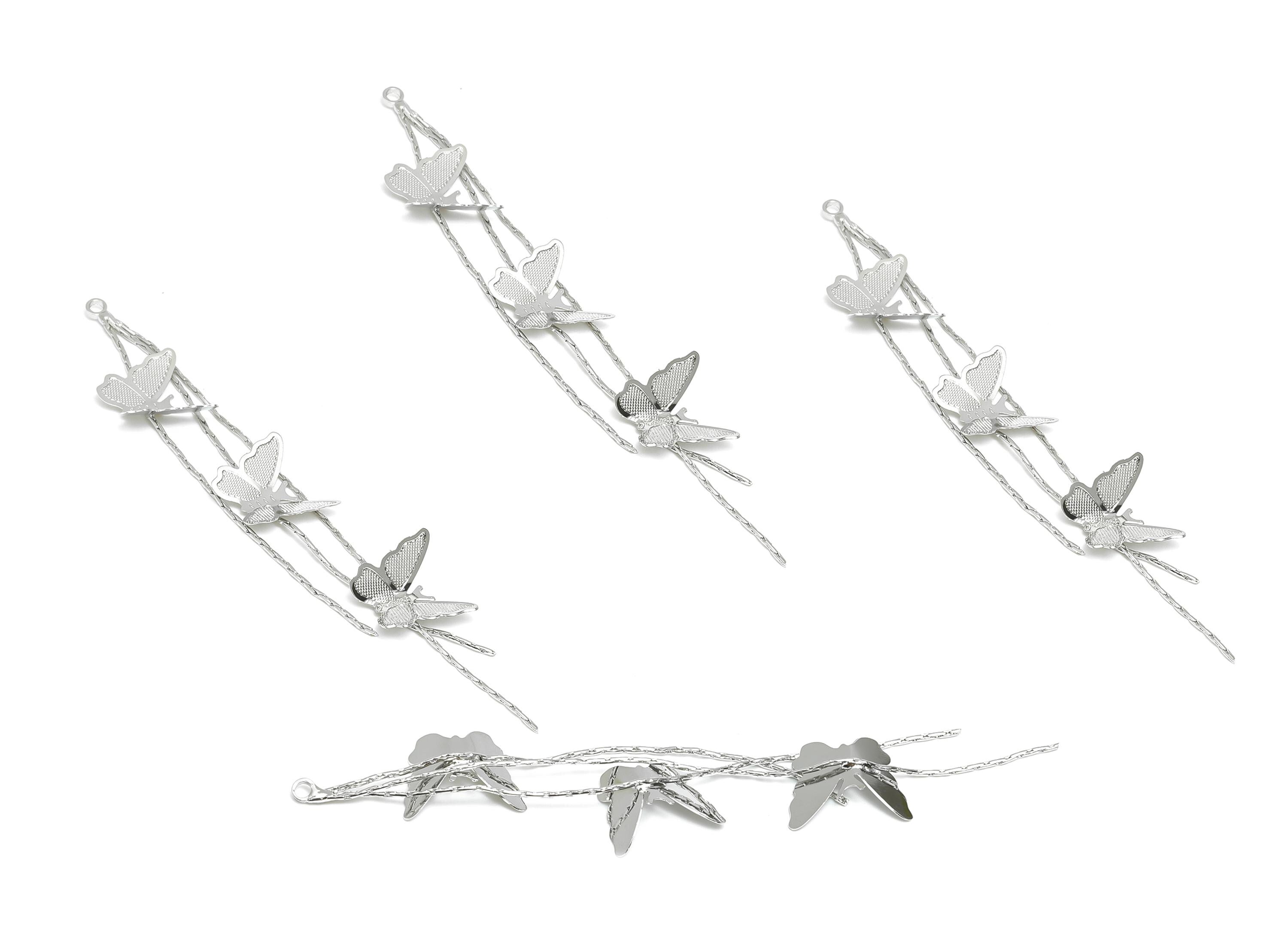 Butterfly Dangle Charms - Silver Dangling Butterfly Decoration - Graceful Butterfly Jewelry - 18K Real White Gold Plated -81x10x1mm-RGP9566S - DOMEDBAZAAR
