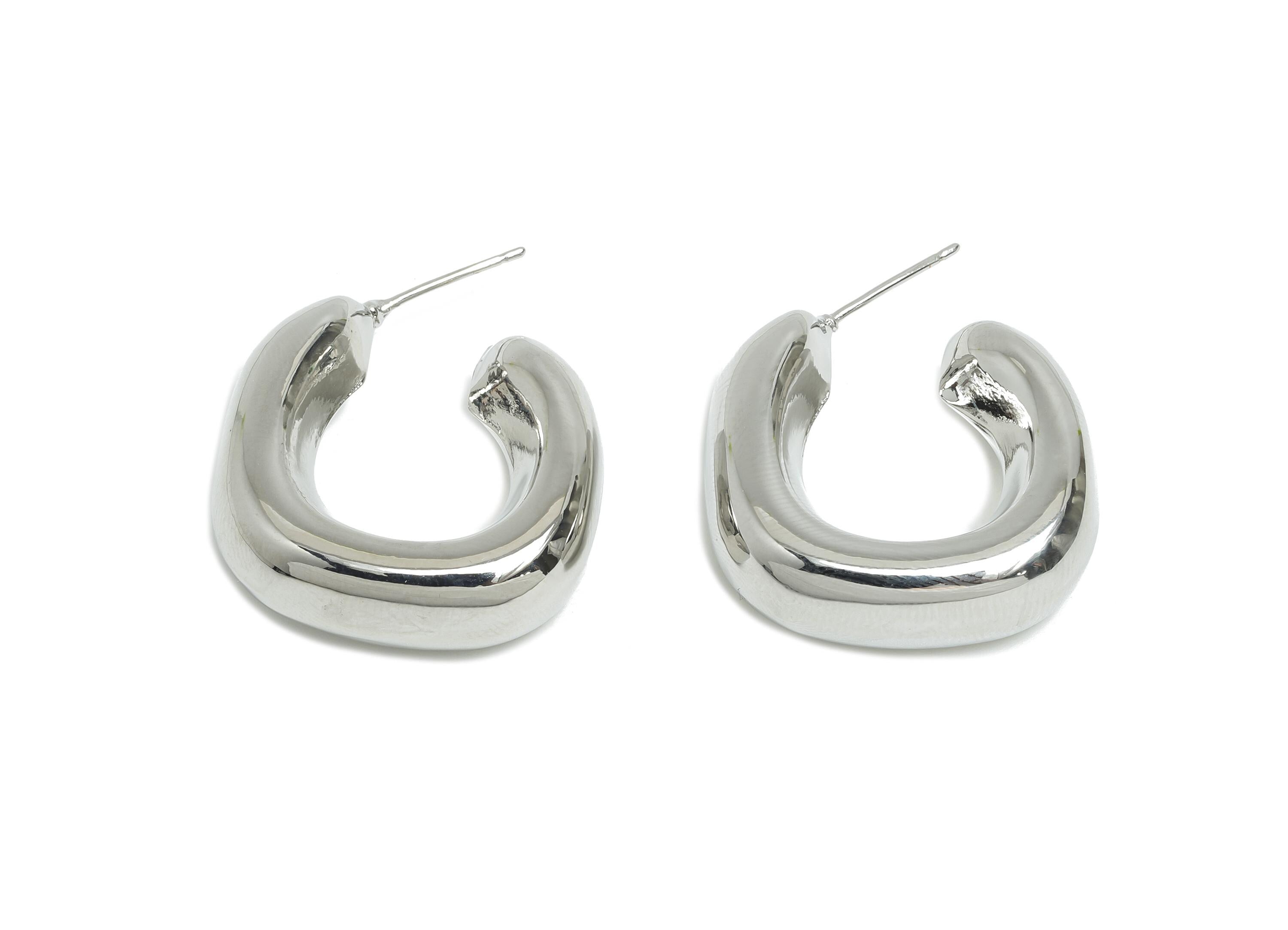 Brass Open C Hoop Earring Post - Silver Thick Hoop Stud Earring - Geometric Chunky Earring -18K Real White Gold Plated -27x25x9.5mm-RGP9500S - DOMEDBAZAAR