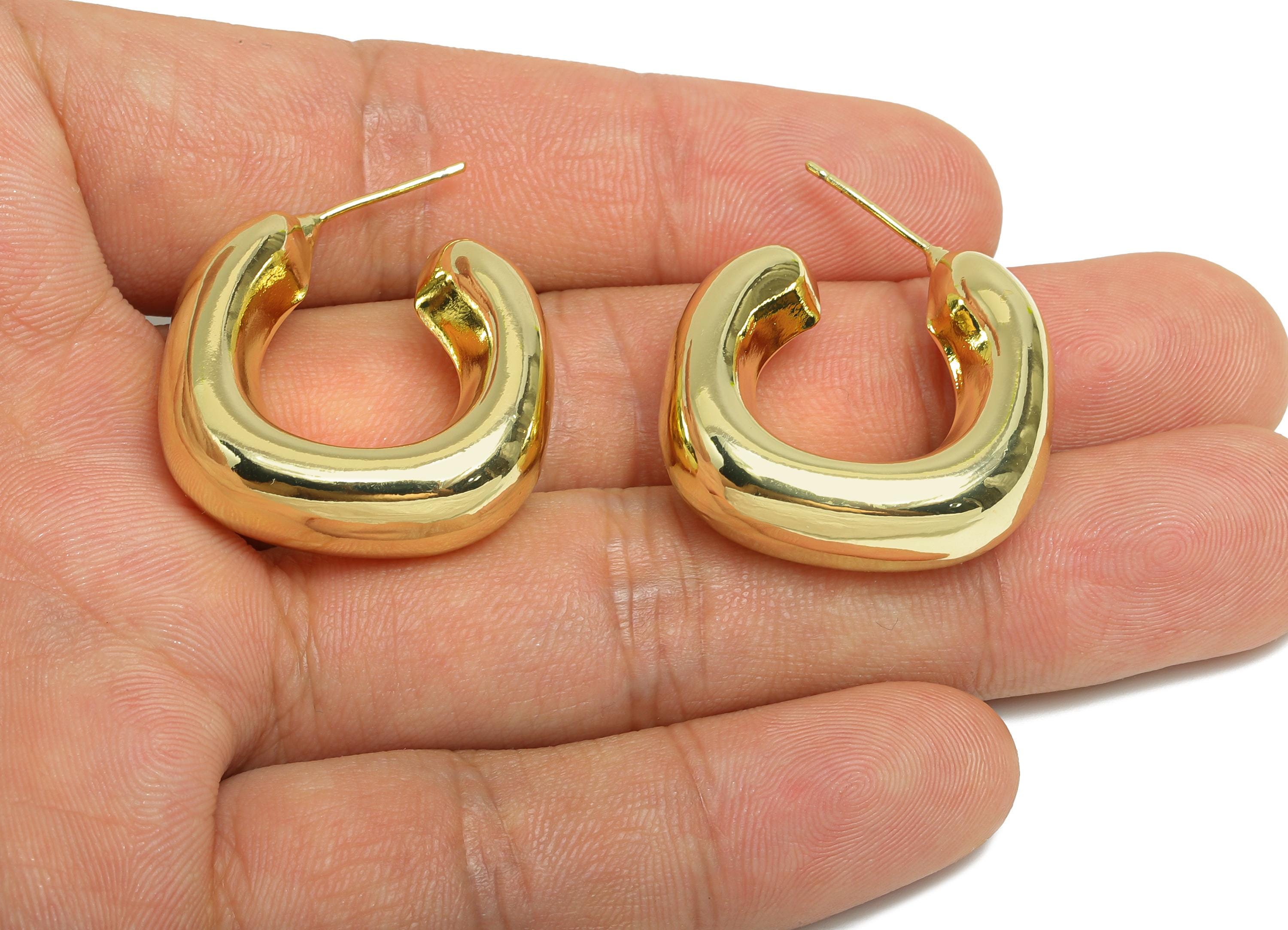 Brass Open C Hoop Earring Post - Gold Thick Hoop Stud Earrings - Geometric Chunky Earrings - 14K Real Gold Plated - 27x25x9.5mm - RGP9500-14 - DOMEDBAZAAR